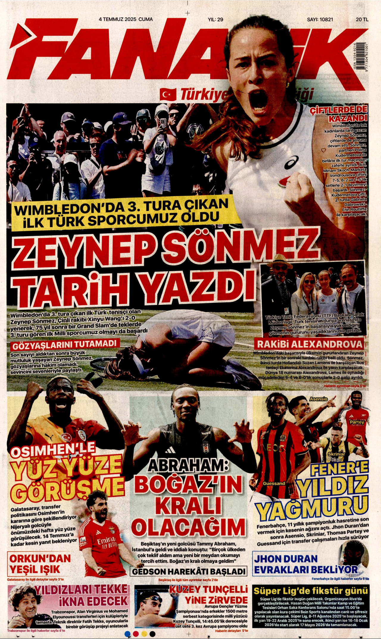 FANATİK gazetesinin 4 Temmuz 2025 tarihli birinci sayfası