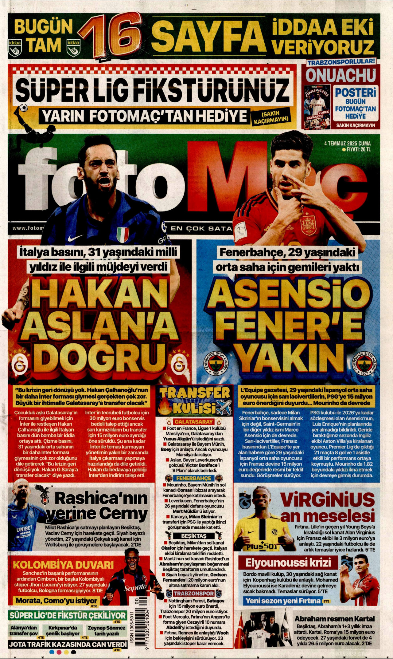 FOTOMAÇ gazetesinin 4 Temmuz 2025 tarihli birinci sayfası