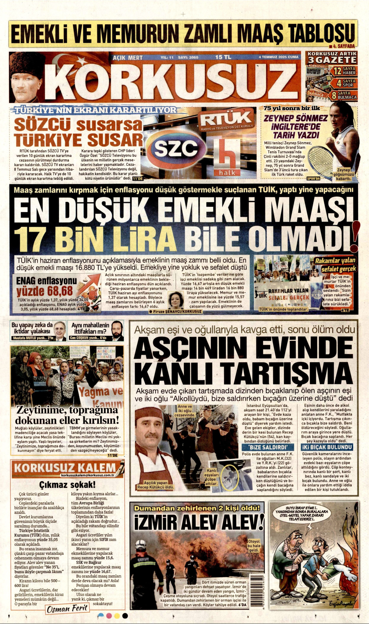 KORKUSUZ gazetesinin 4 Temmuz 2025 tarihli birinci sayfası
