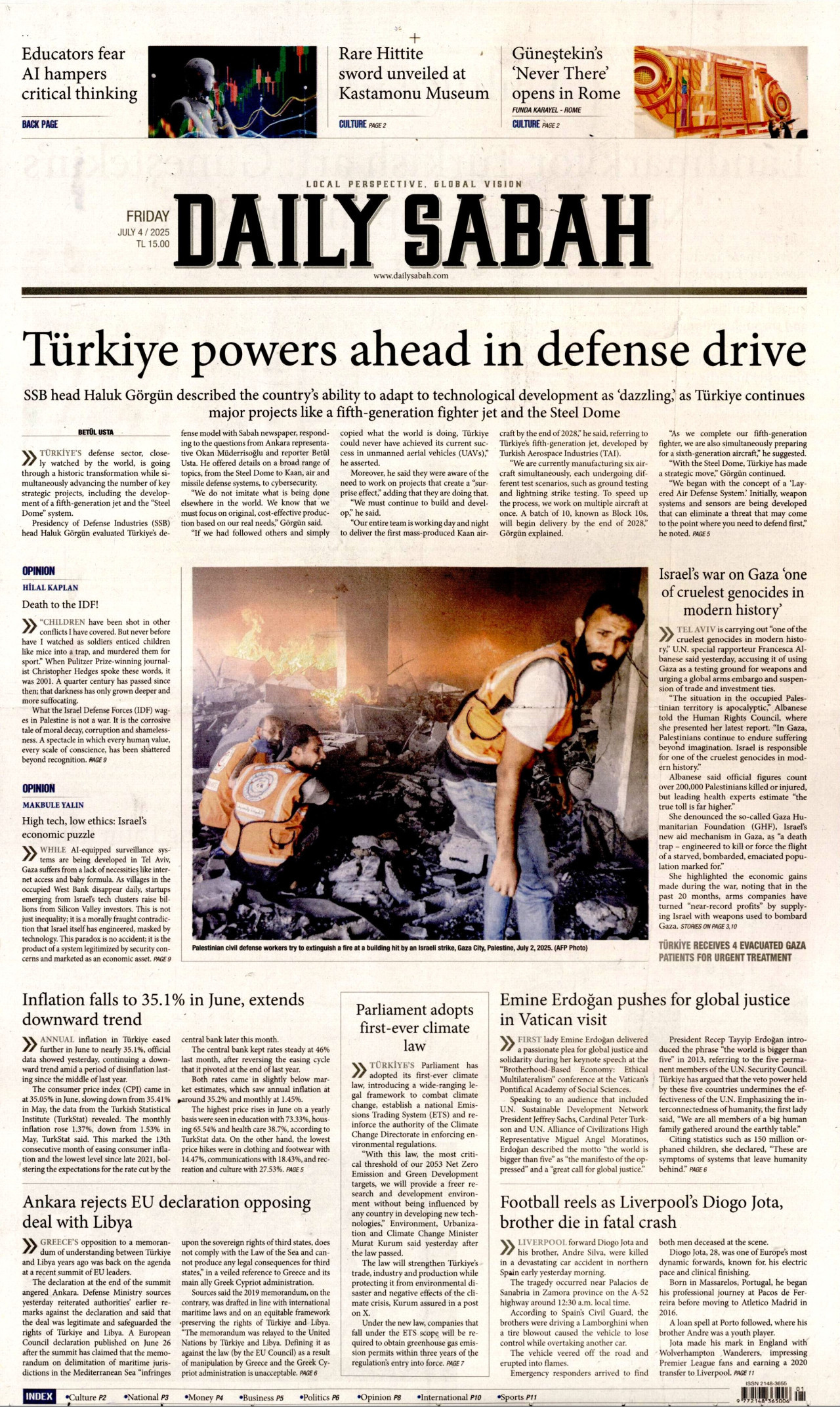 DAİLY SABAH gazetesinin 4 Temmuz 2025 tarihli birinci sayfası