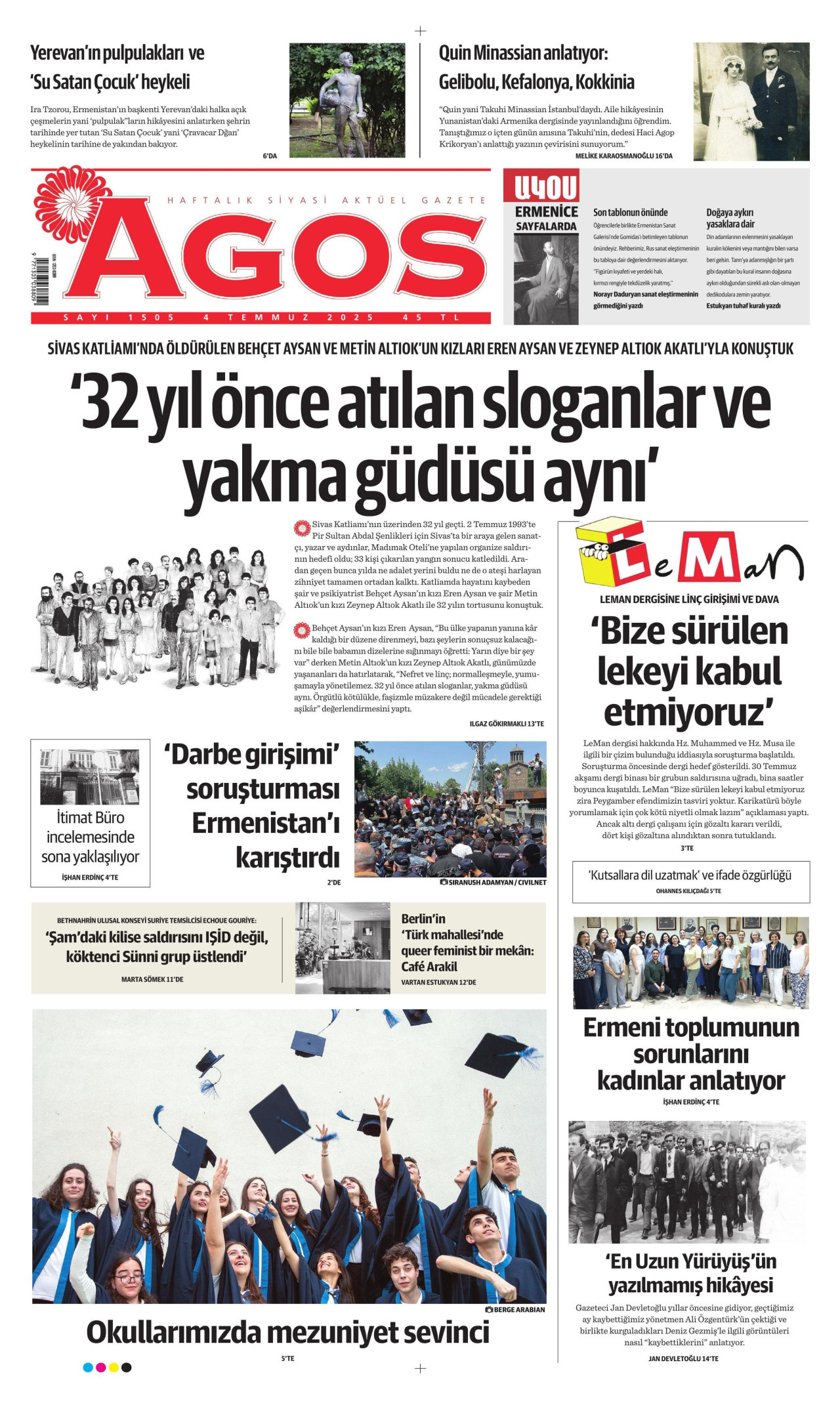 AGOS gazetesinin 4 Temmuz 2025 tarihli birinci sayfası