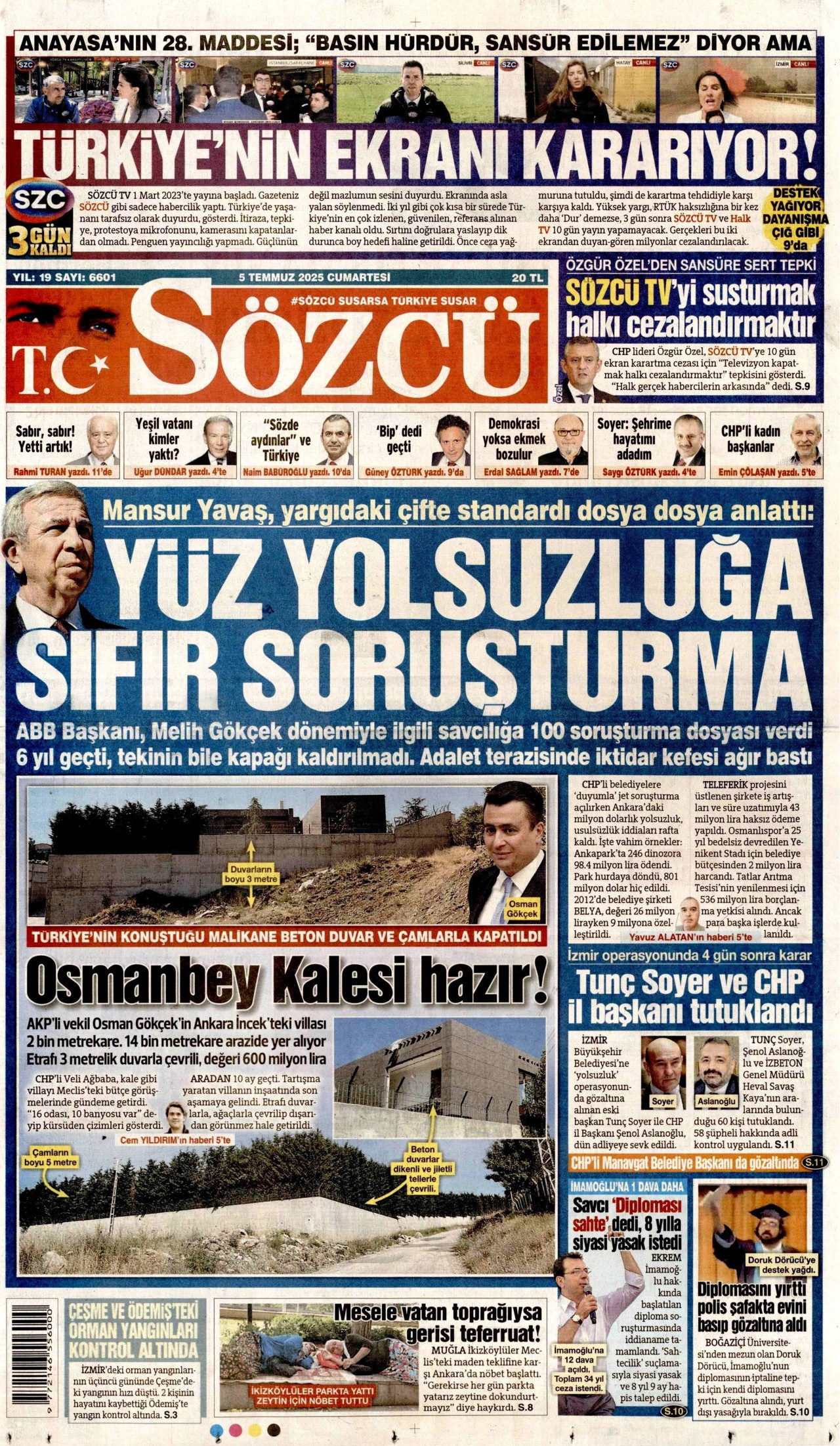 SÖZCÜ gazetesinin 5 Temmuz 2025 tarihli birinci sayfası