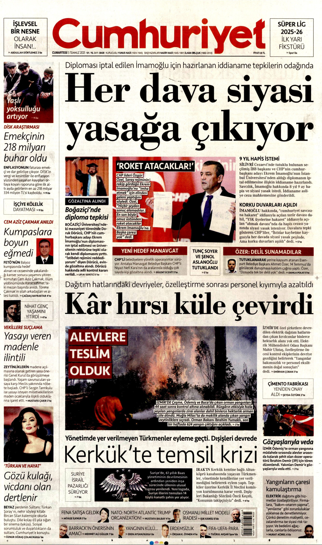 CUMHURİYET gazetesinin 5 Temmuz 2025 tarihli birinci sayfası