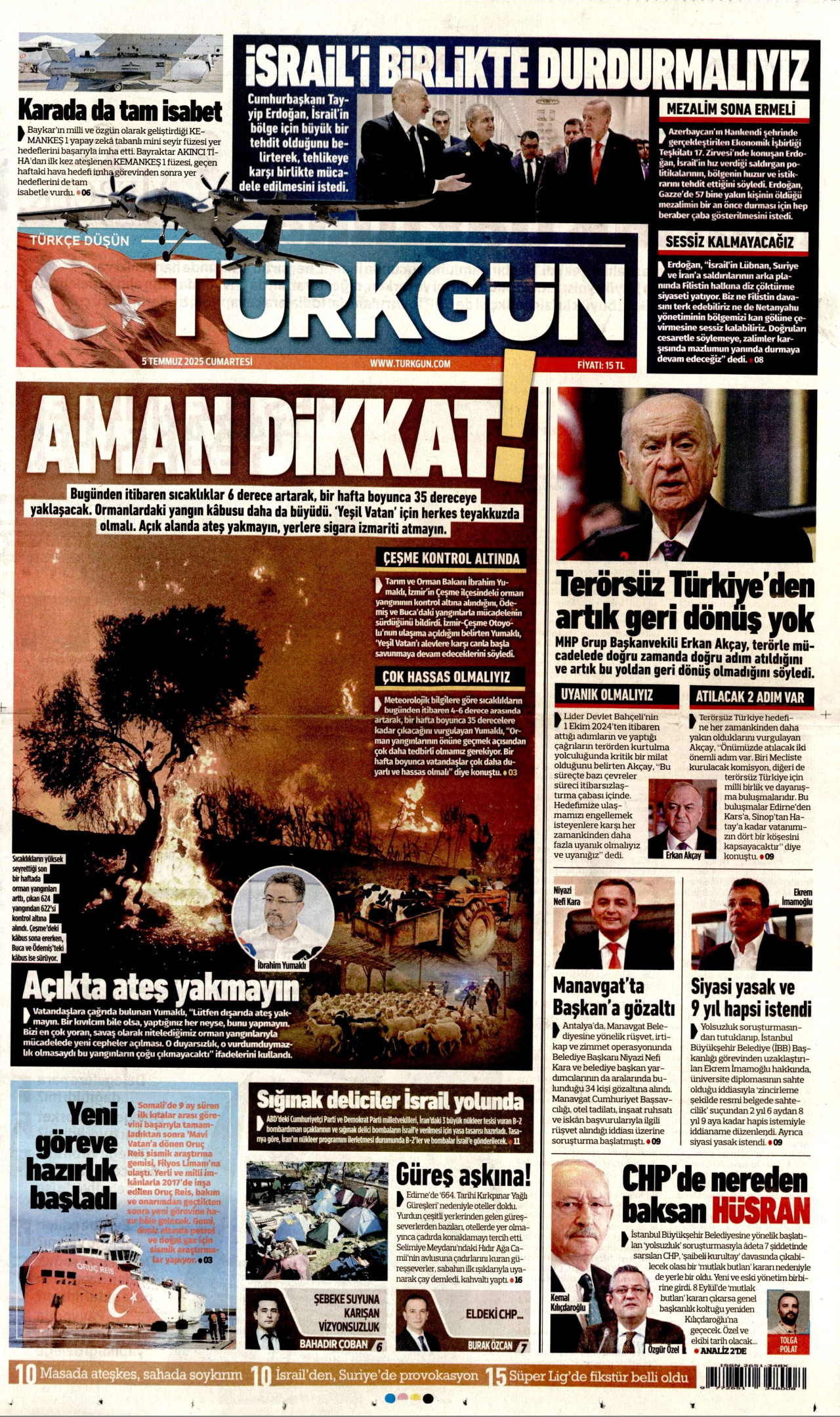 TÜRKGÜN gazetesinin 5 Temmuz 2025 tarihli birinci sayfası