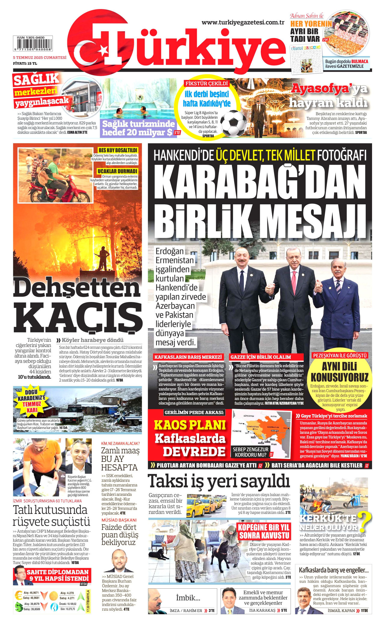TÜRKİYE GAZETESİ gazetesinin 5 Temmuz 2025 tarihli birinci sayfası