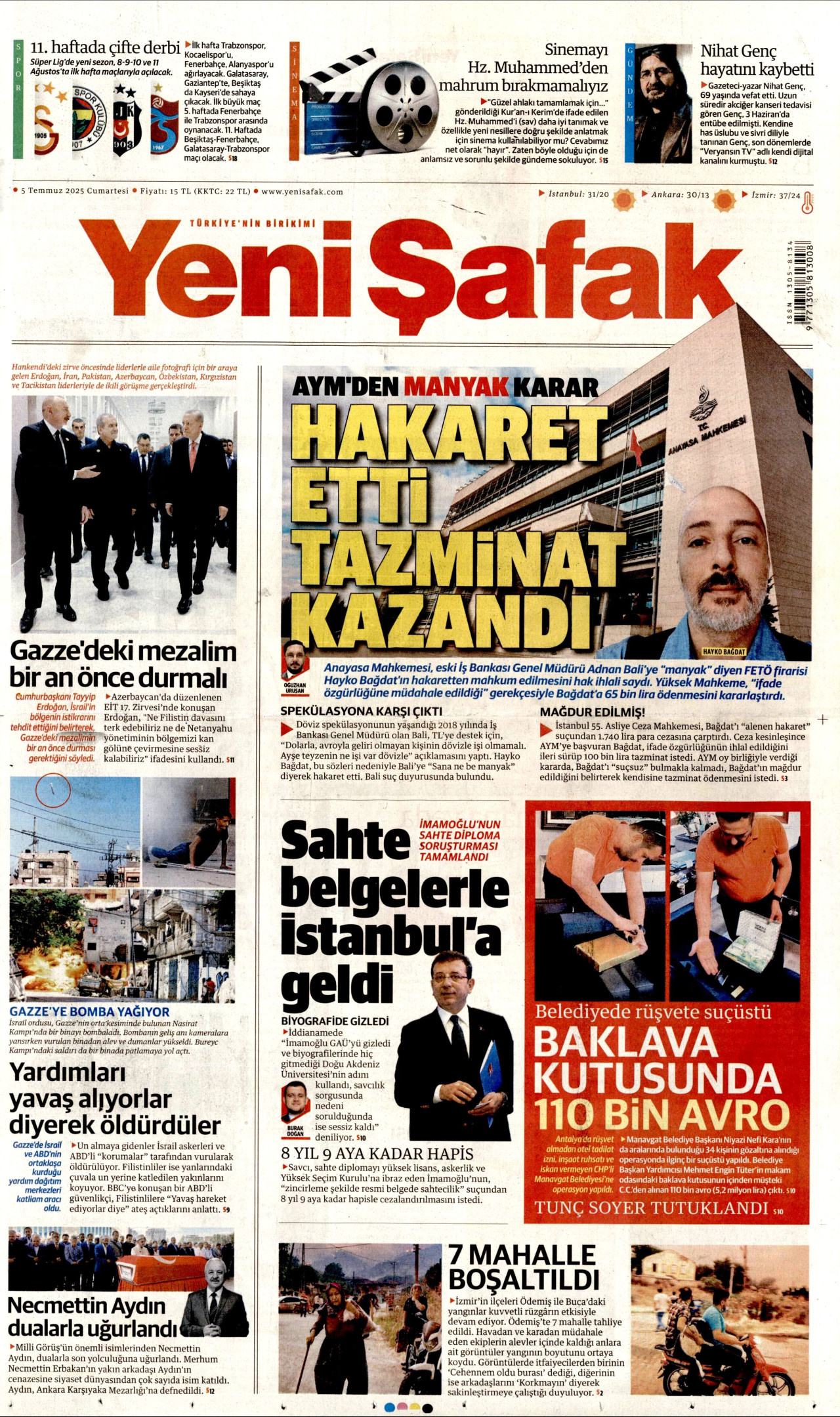 YENİ ŞAFAK gazetesinin 5 Temmuz 2025 tarihli birinci sayfası