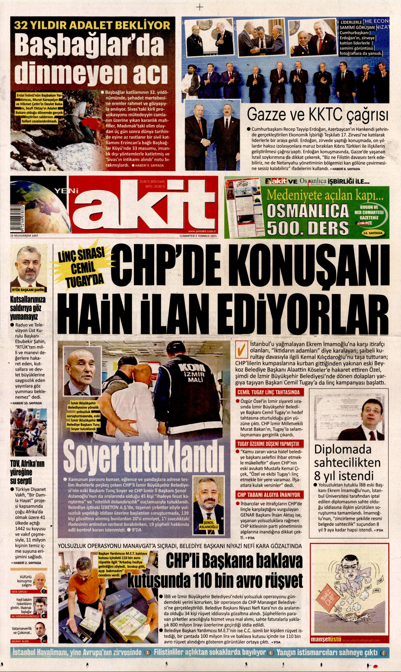 YENİ AKİT gazetesinin 5 Temmuz 2025 tarihli birinci sayfası