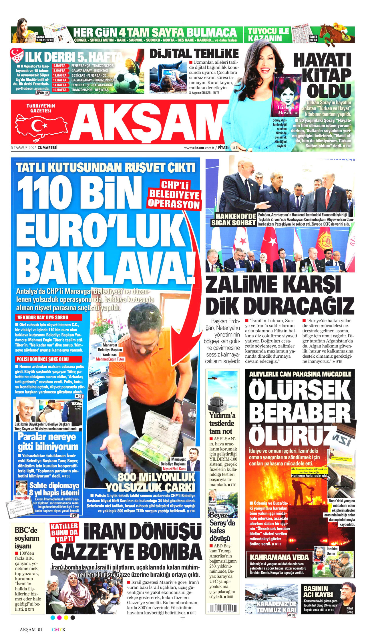 AKŞAM gazetesinin 5 Temmuz 2025 tarihli birinci sayfası