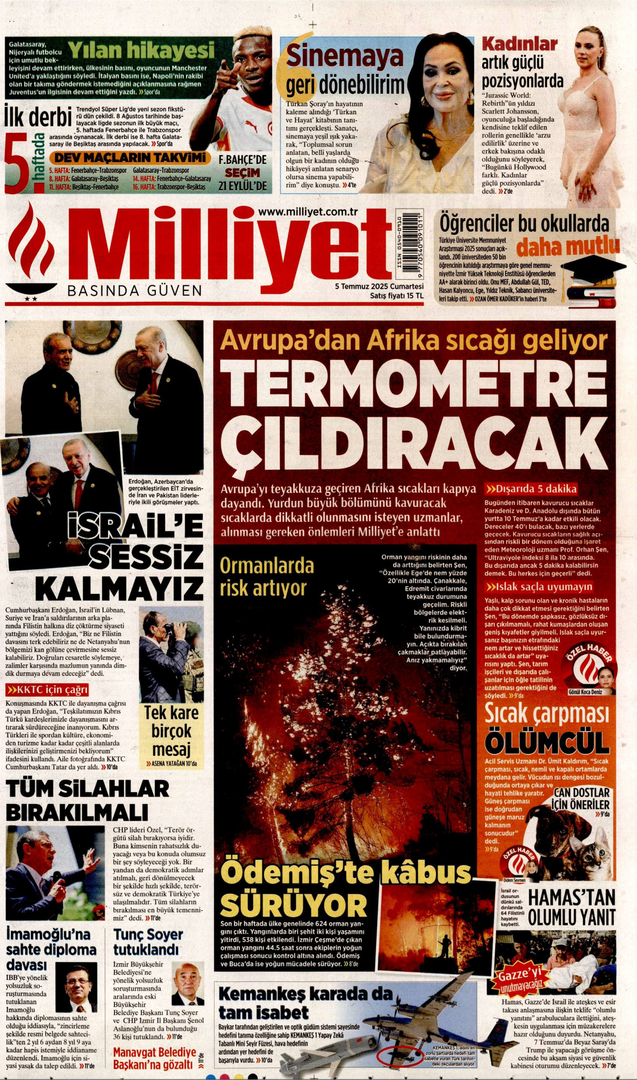 MİLLİYET gazetesinin 5 Temmuz 2025 tarihli birinci sayfası