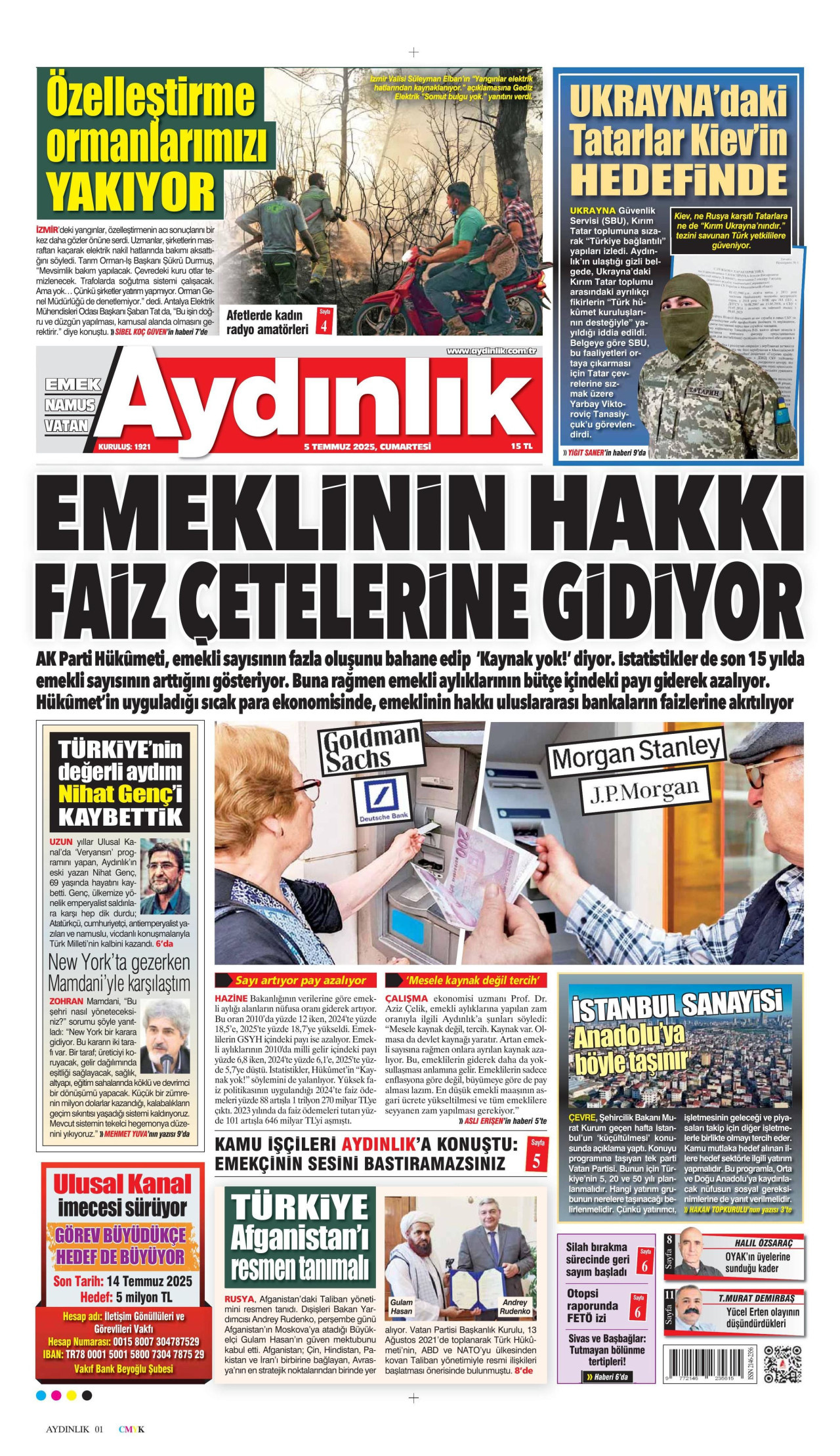 AYDINLIK GAZETESİ gazetesinin 5 Temmuz 2025 tarihli birinci sayfası