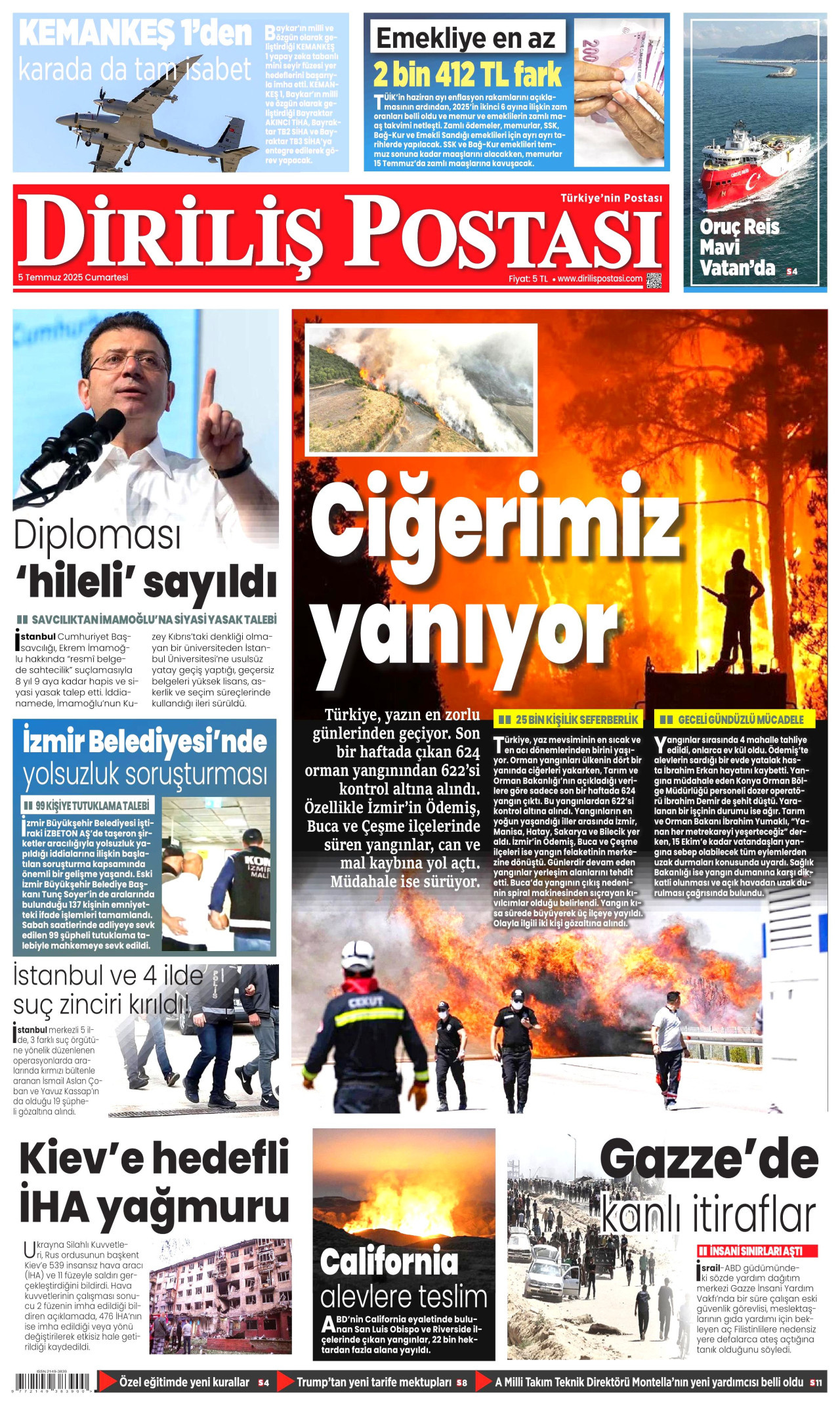 DİRİLİŞ POSTASI gazetesinin 5 Temmuz 2025 tarihli birinci sayfası