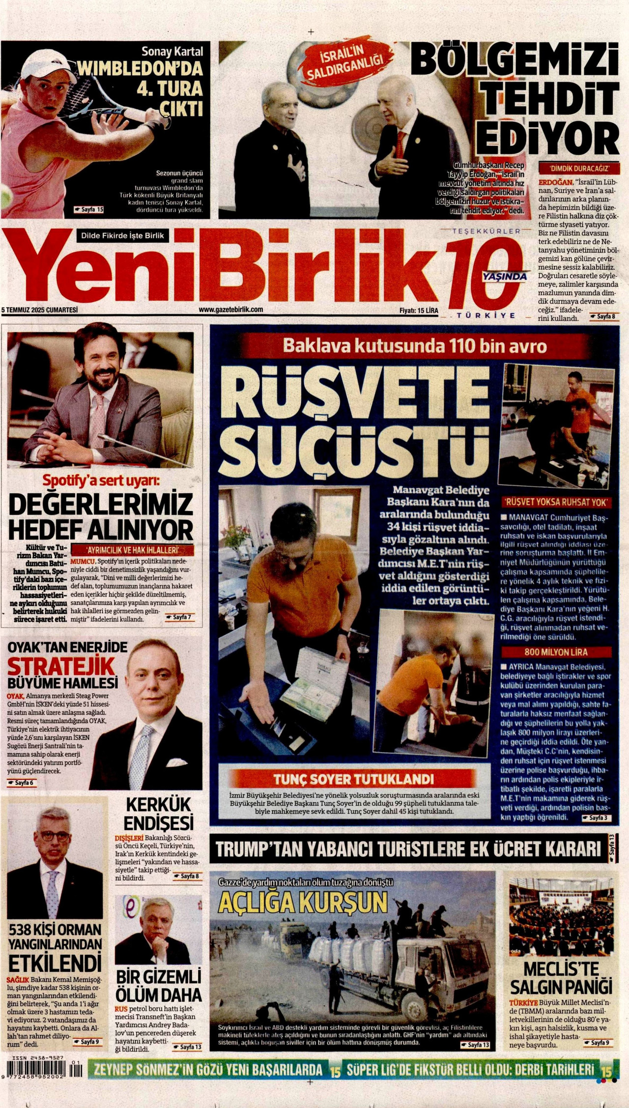 YENİBİRLİK gazetesinin 5 Temmuz 2025 tarihli birinci sayfası