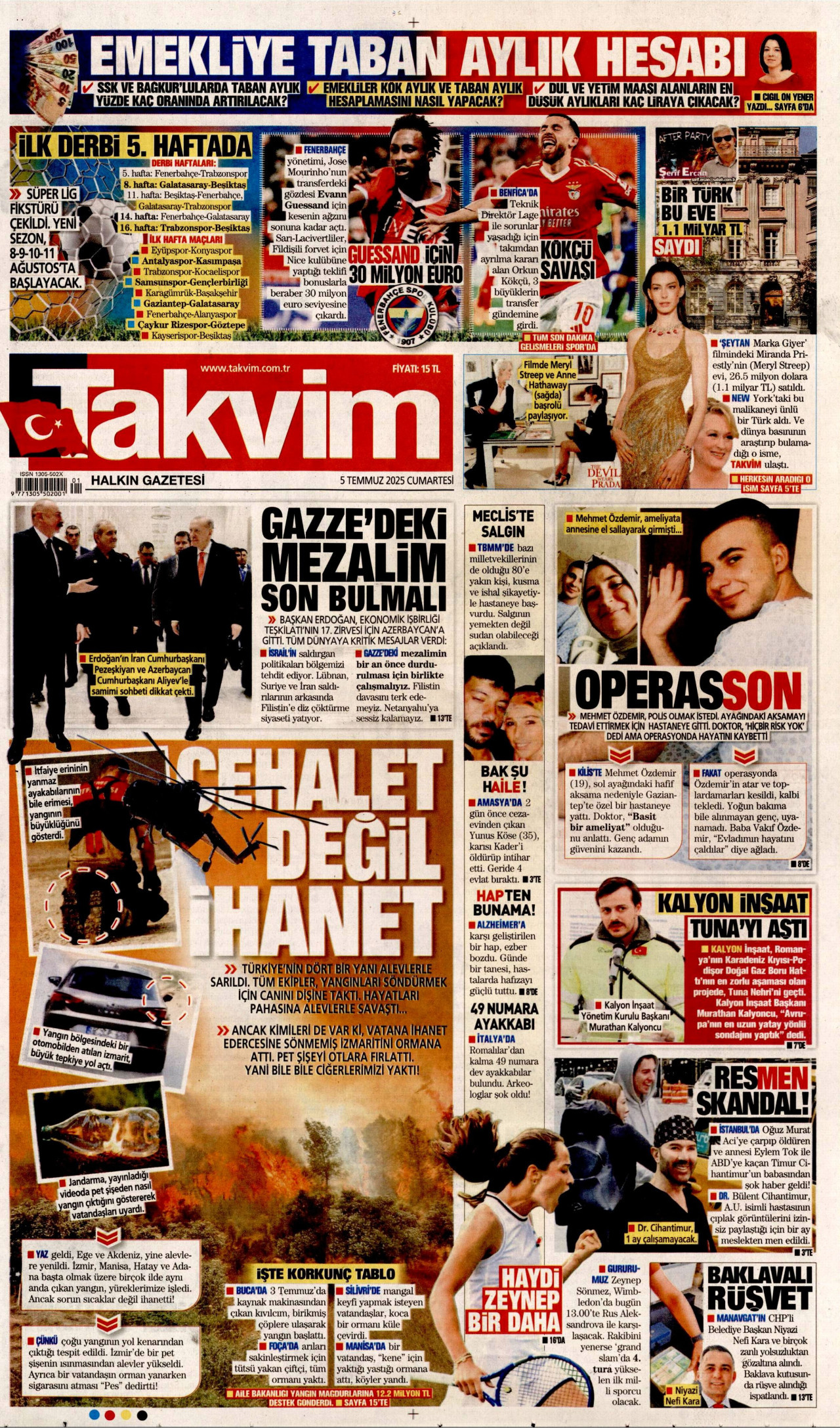 TAKVİM gazetesinin 5 Temmuz 2025 tarihli birinci sayfası