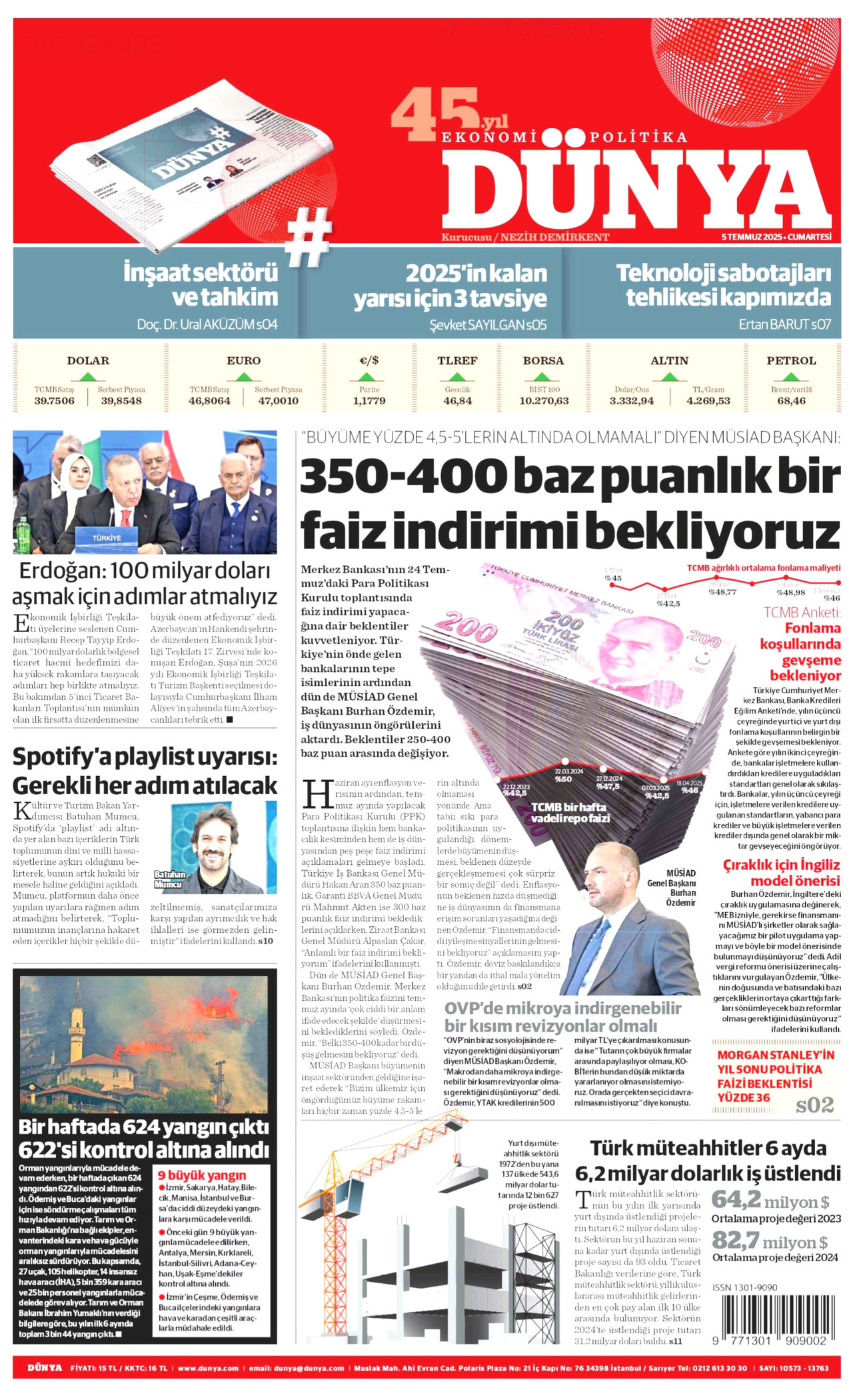 DÜNYA gazetesinin 5 Temmuz 2025 tarihli birinci sayfası