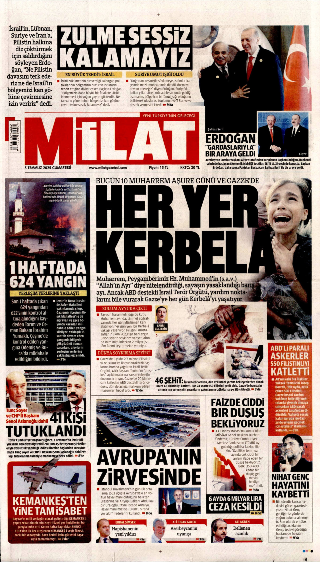 MİLAT gazetesinin 5 Temmuz 2025 tarihli birinci sayfası