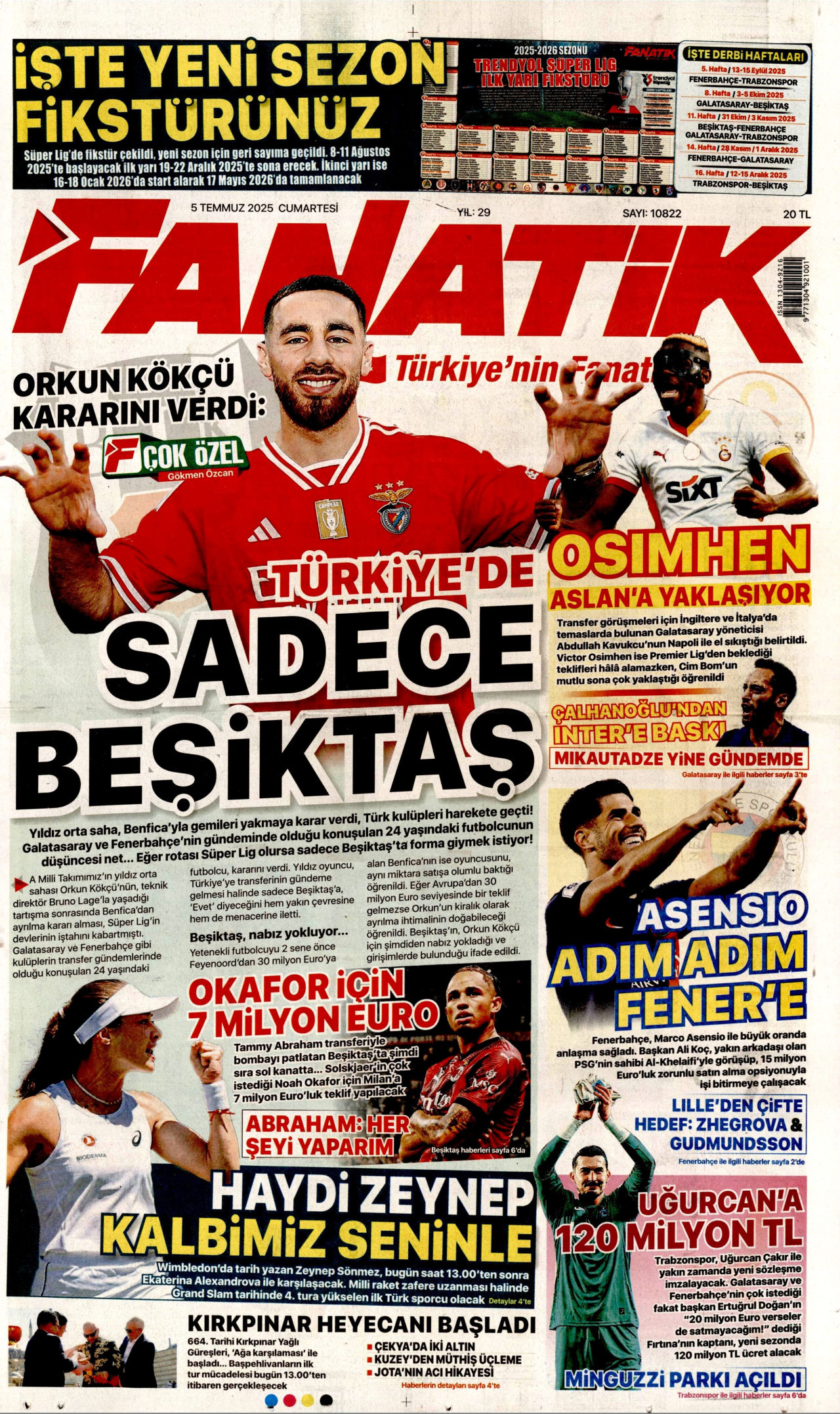 FANATİK gazetesinin 5 Temmuz 2025 tarihli birinci sayfası