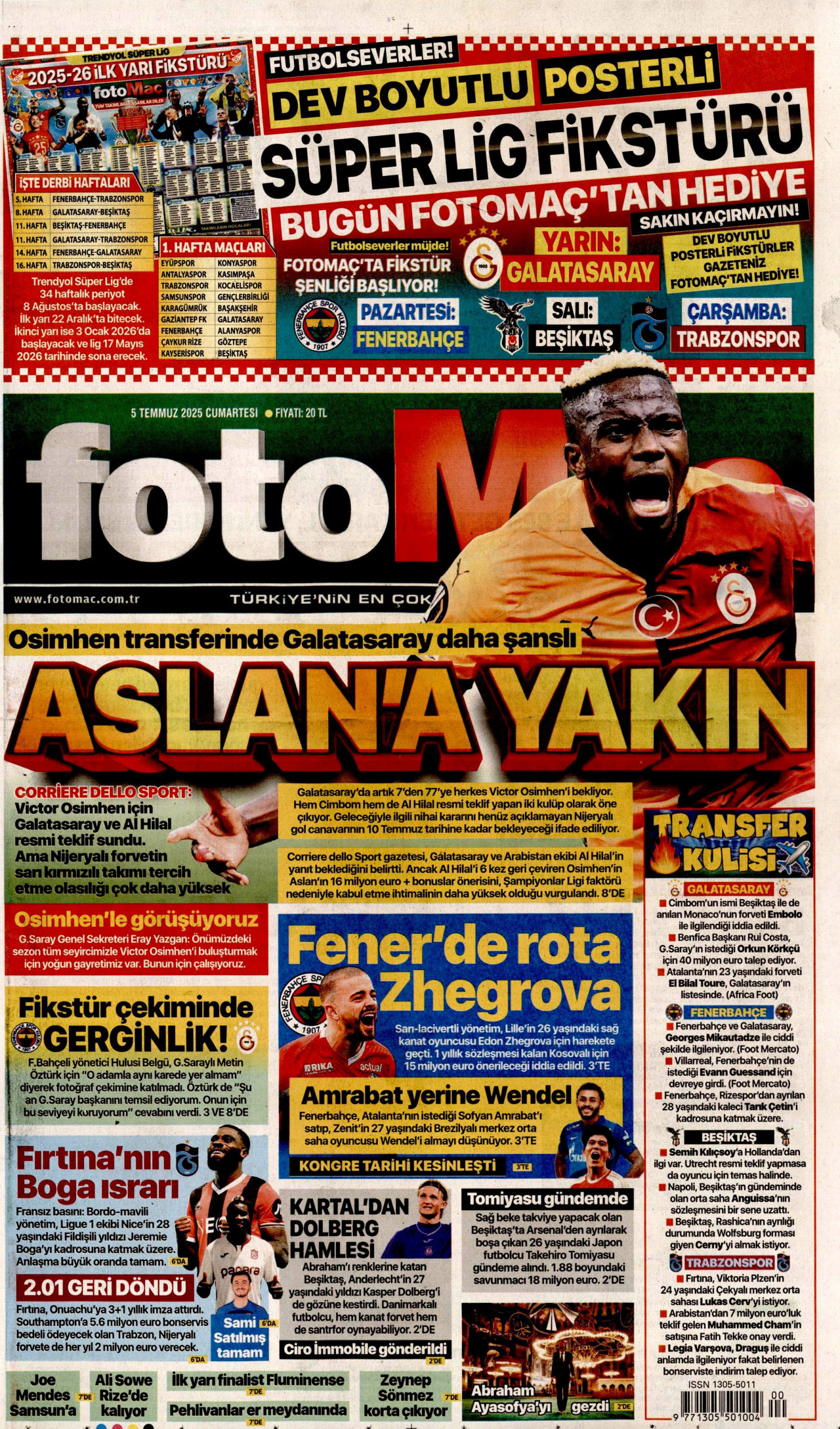 FOTOMAÇ gazetesinin 5 Temmuz 2025 tarihli birinci sayfası