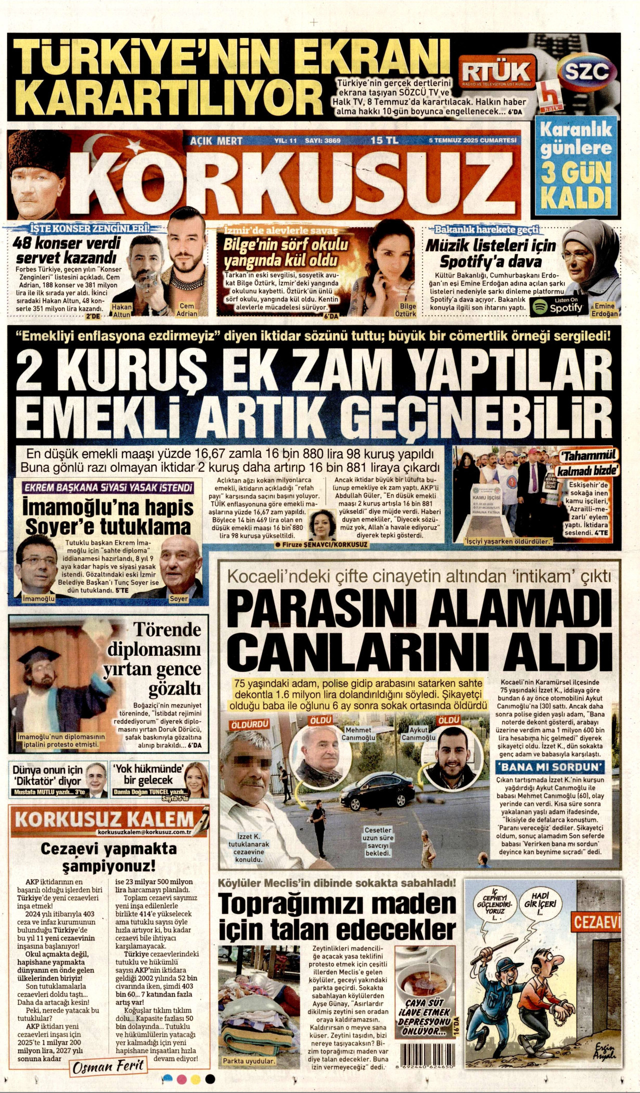 KORKUSUZ gazetesinin 5 Temmuz 2025 tarihli birinci sayfası