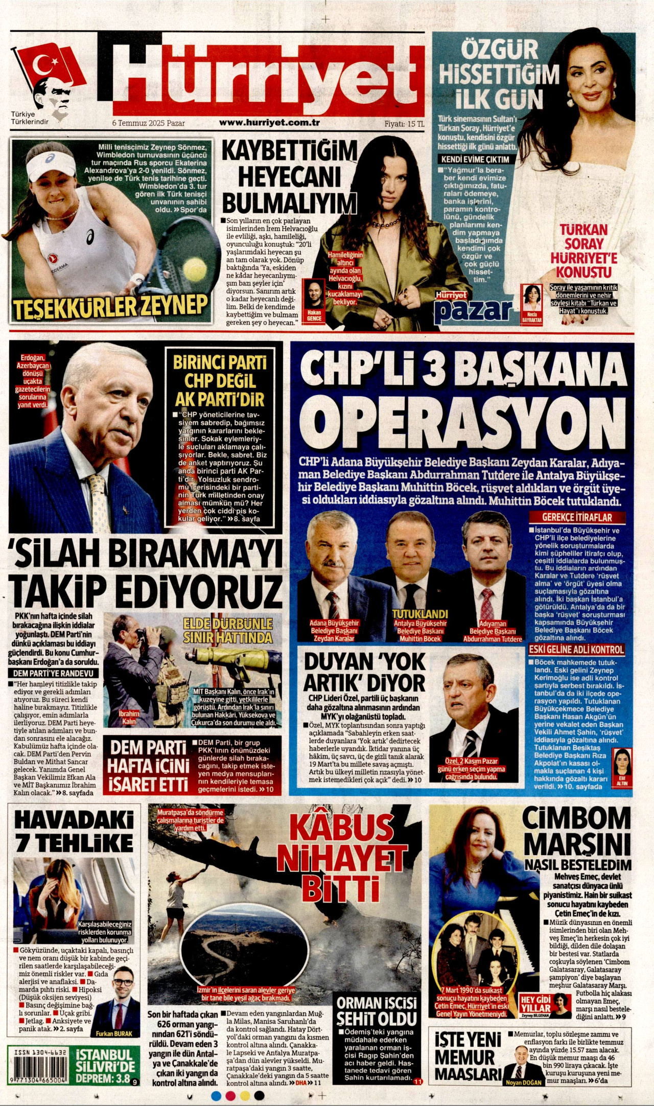 HÜRRİYET gazetesinin 6 Temmuz 2025 tarihli birinci sayfası