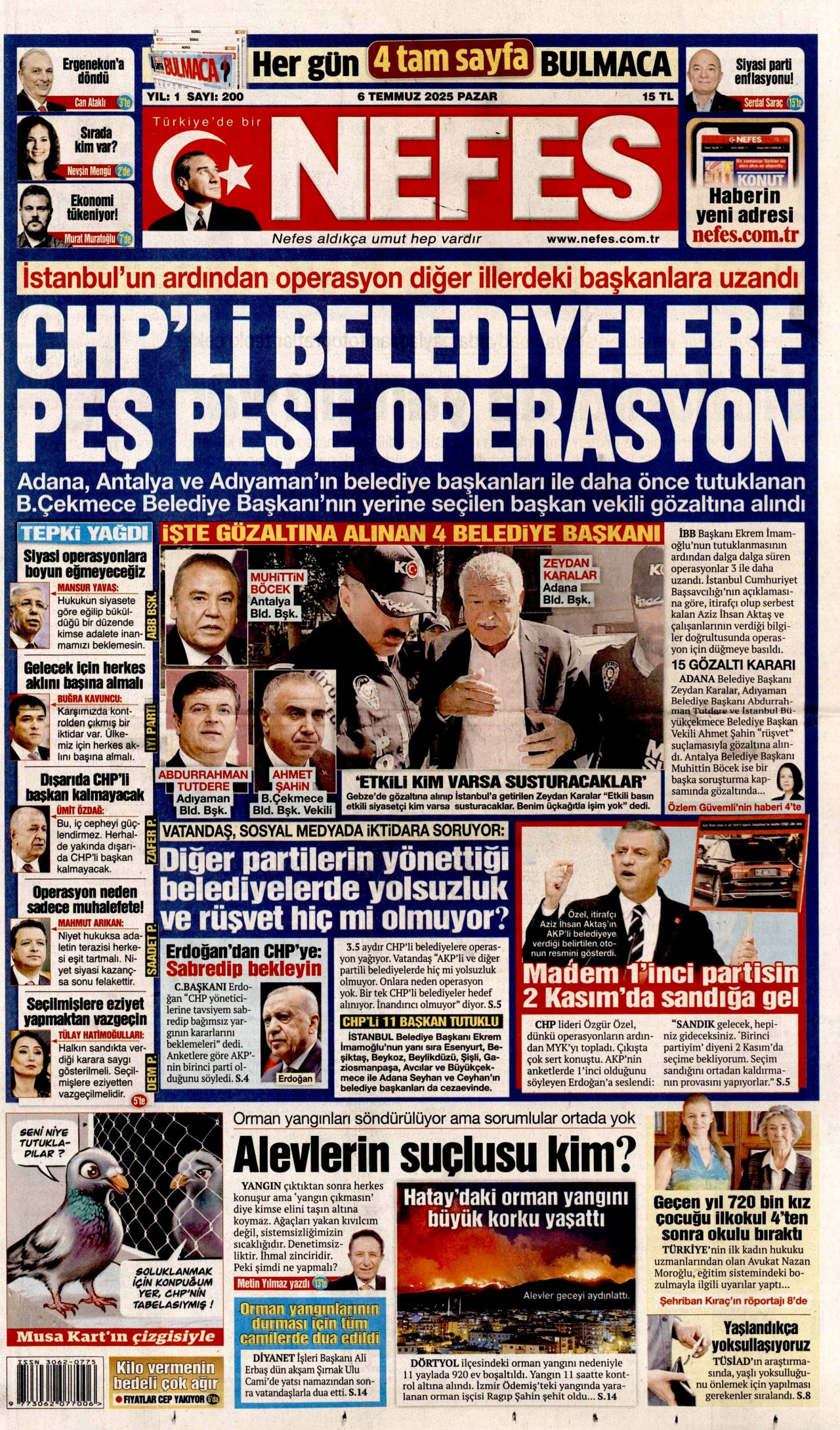 NEFES gazetesinin 6 Temmuz 2025 tarihli birinci sayfası