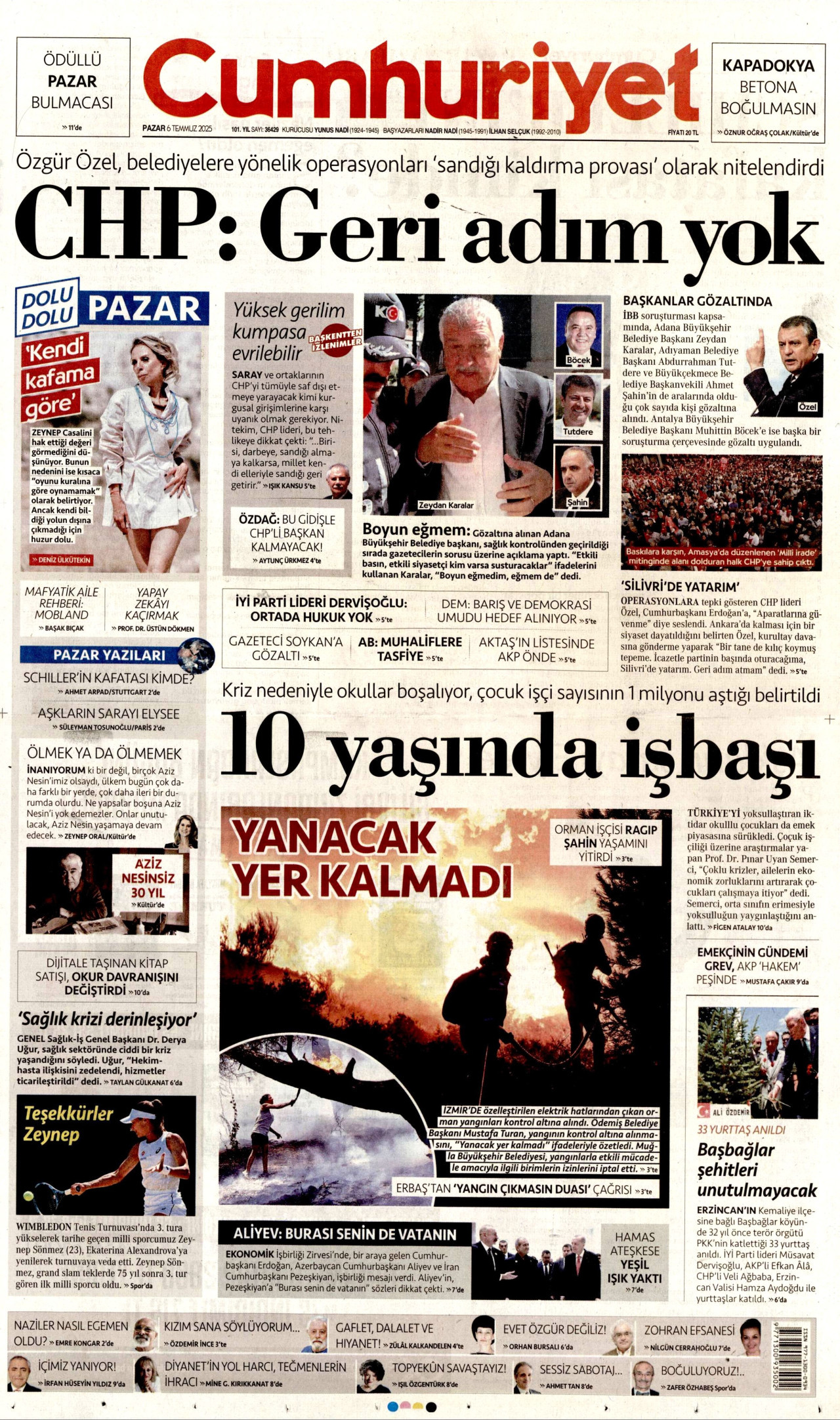 CUMHURİYET gazetesinin 6 Temmuz 2025 tarihli birinci sayfası