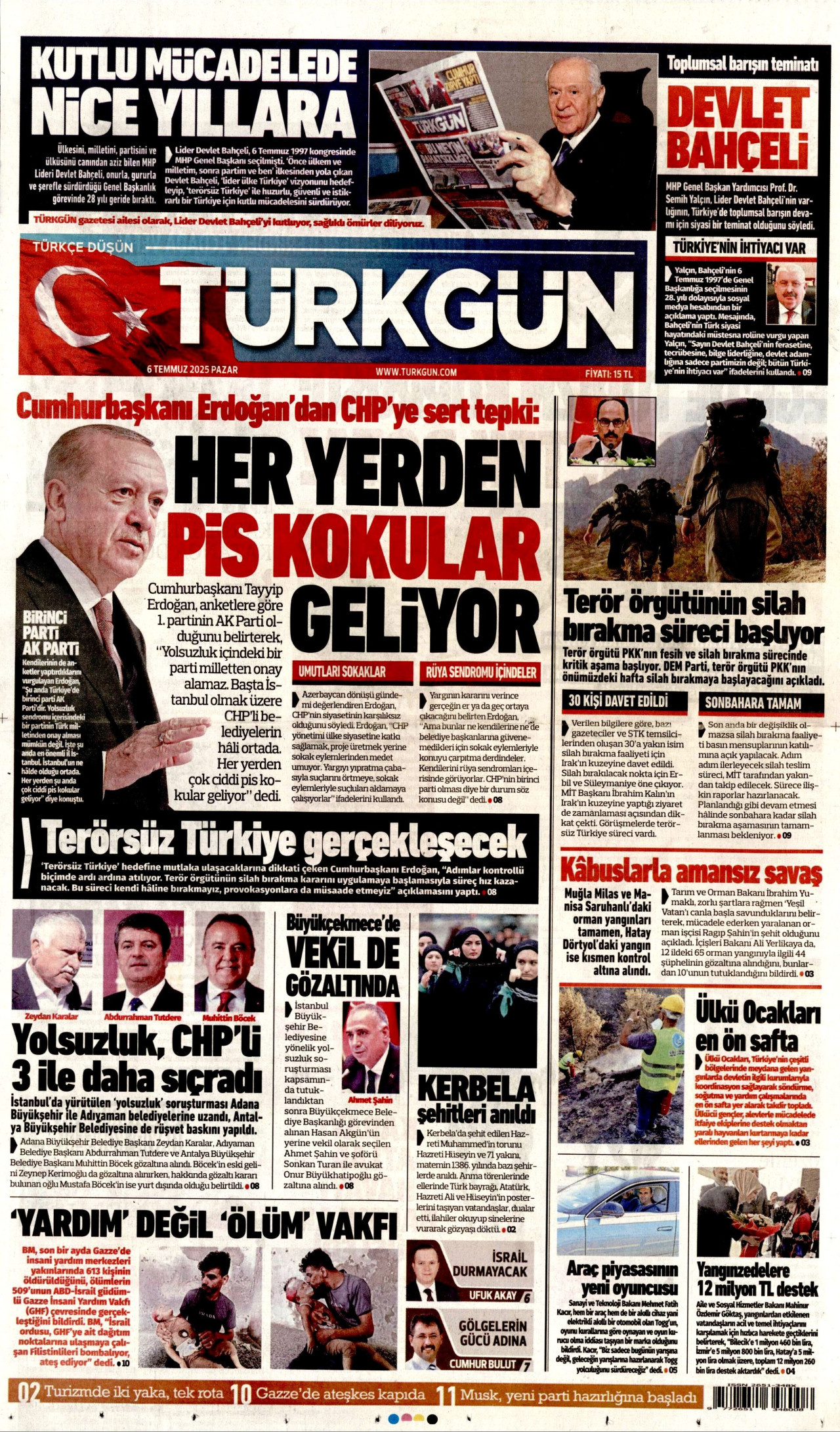 TÜRKGÜN gazetesinin 6 Temmuz 2025 tarihli birinci sayfası