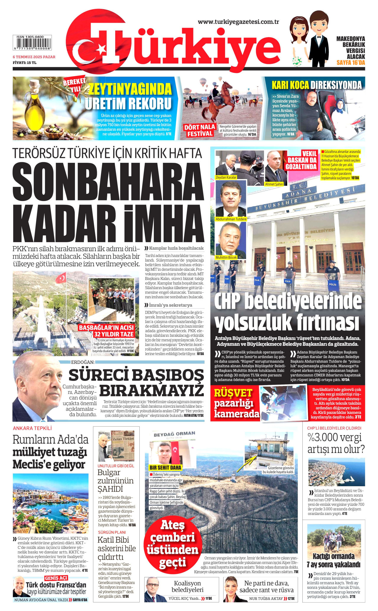 TÜRKİYE GAZETESİ gazetesinin 6 Temmuz 2025 tarihli birinci sayfası