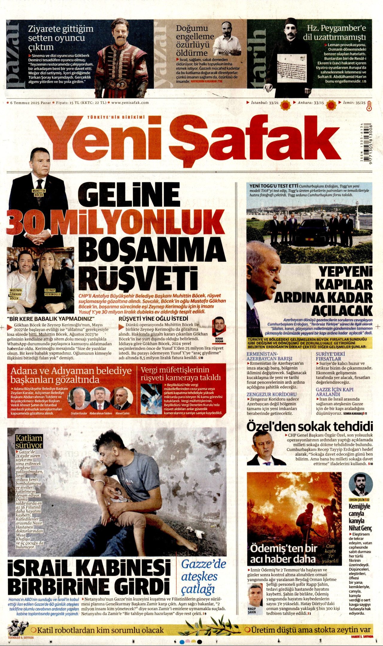 YENİ ŞAFAK gazetesinin 6 Temmuz 2025 tarihli birinci sayfası