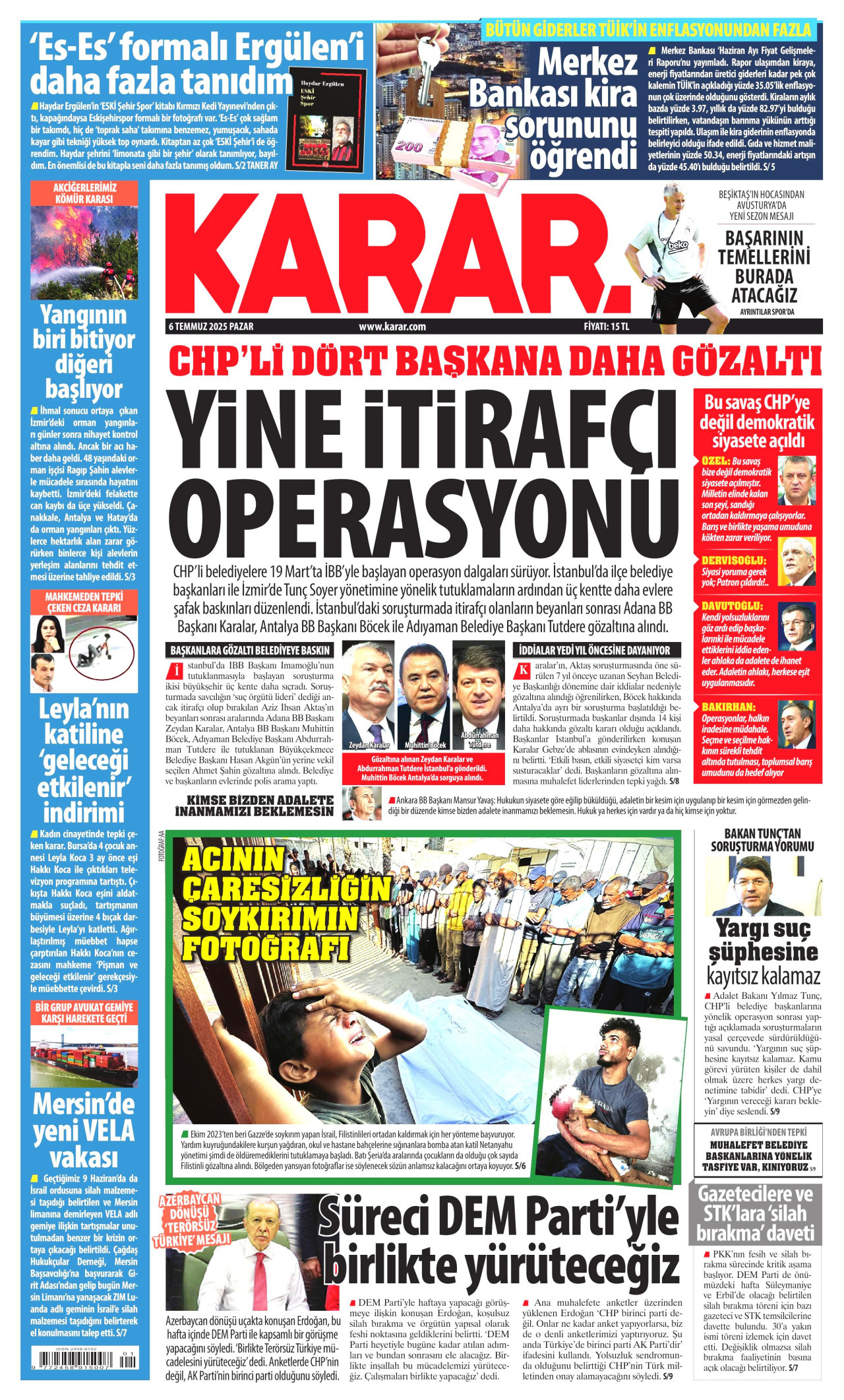 KARAR gazetesinin 6 Temmuz 2025 tarihli birinci sayfası