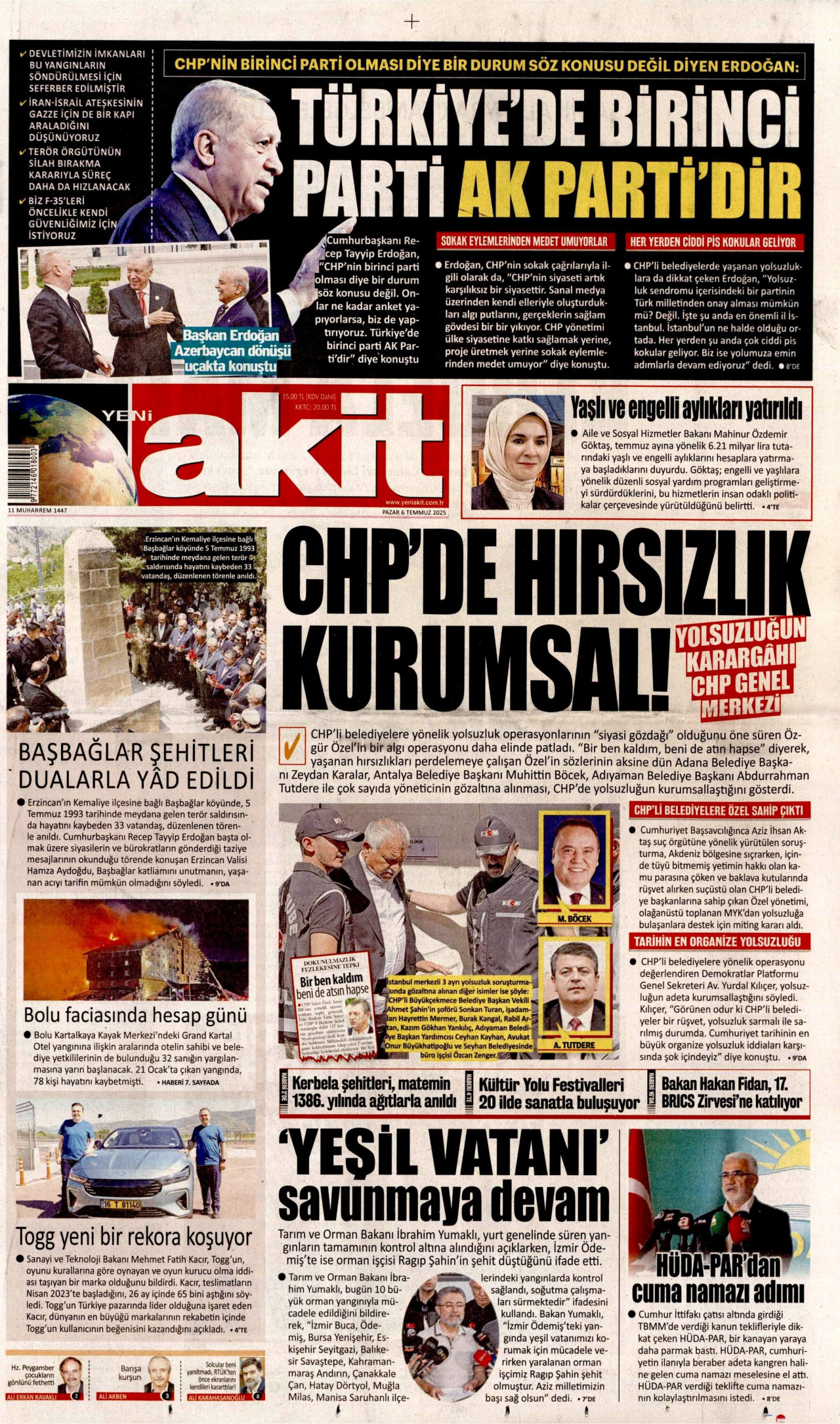 YENİ AKİT gazetesinin 6 Temmuz 2025 tarihli birinci sayfası