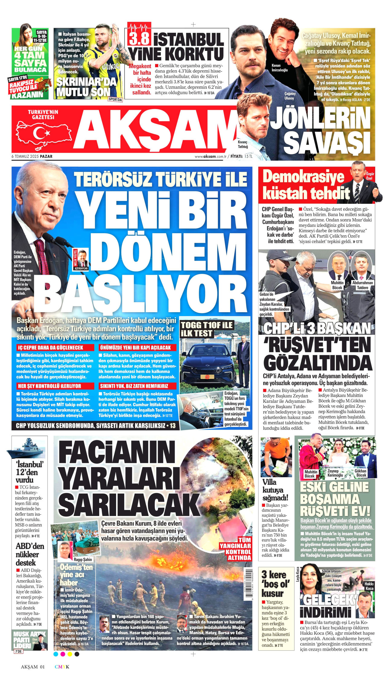 AKŞAM gazetesinin 6 Temmuz 2025 tarihli birinci sayfası