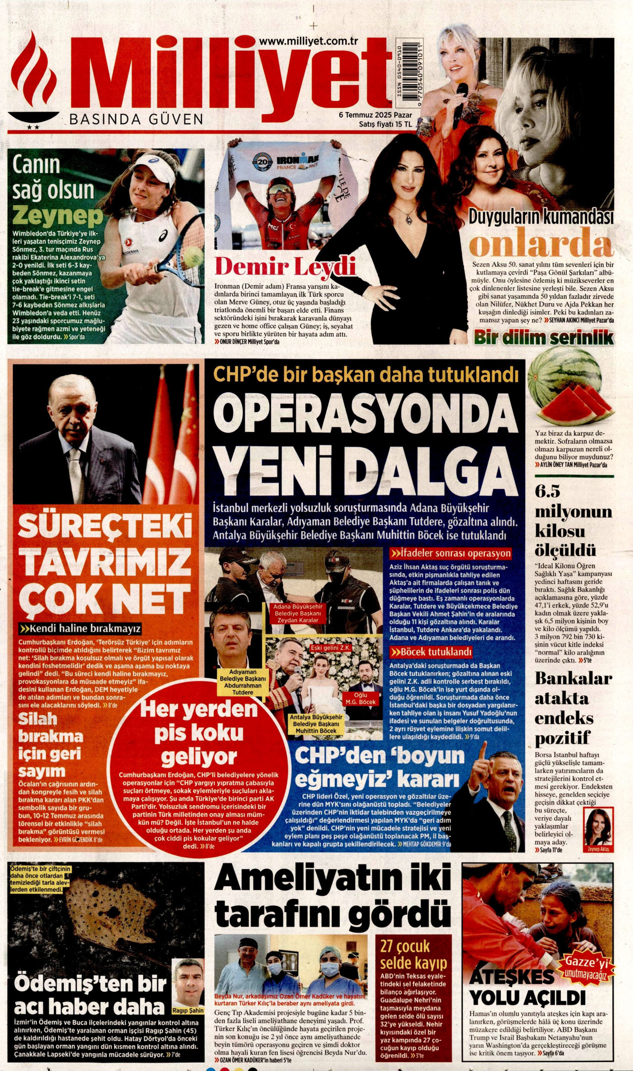 MİLLİYET gazetesinin 6 Temmuz 2025 tarihli birinci sayfası
