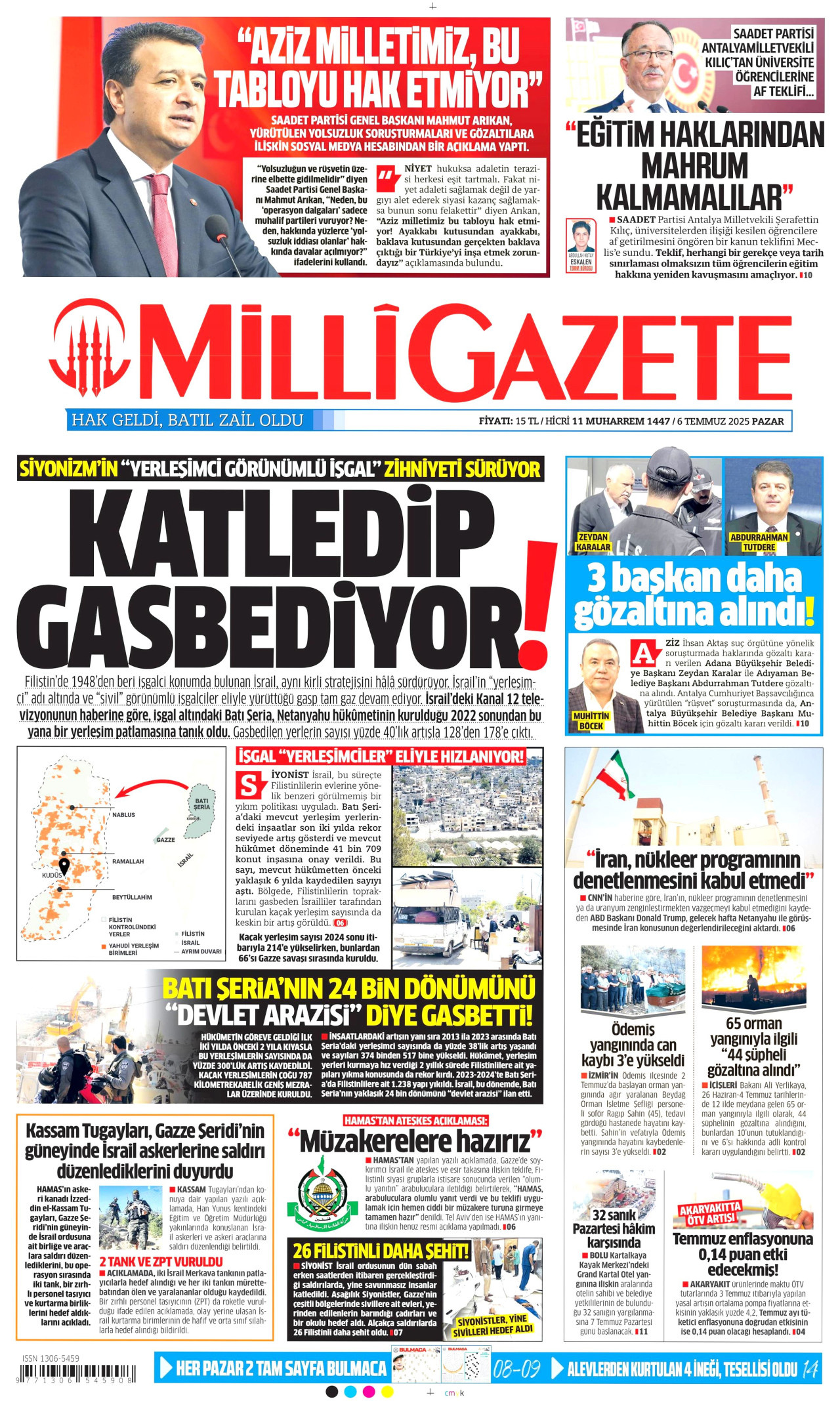 MİLLİ GAZETE gazetesinin 6 Temmuz 2025 tarihli birinci sayfası