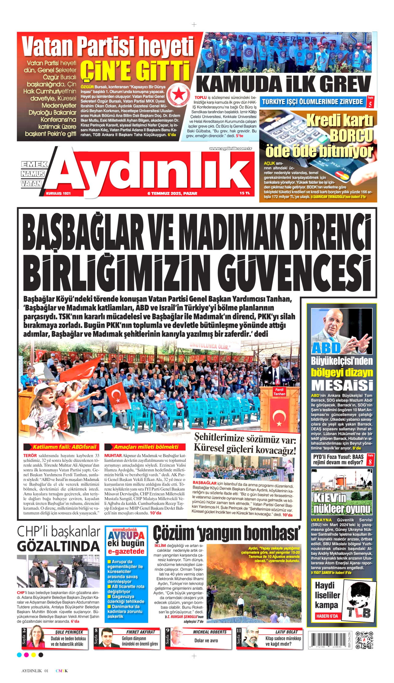 AYDINLIK GAZETESİ gazetesinin 6 Temmuz 2025 tarihli birinci sayfası
