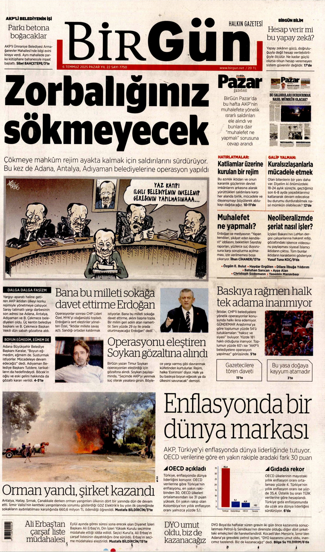 BİRGÜN gazetesinin 6 Temmuz 2025 tarihli birinci sayfası