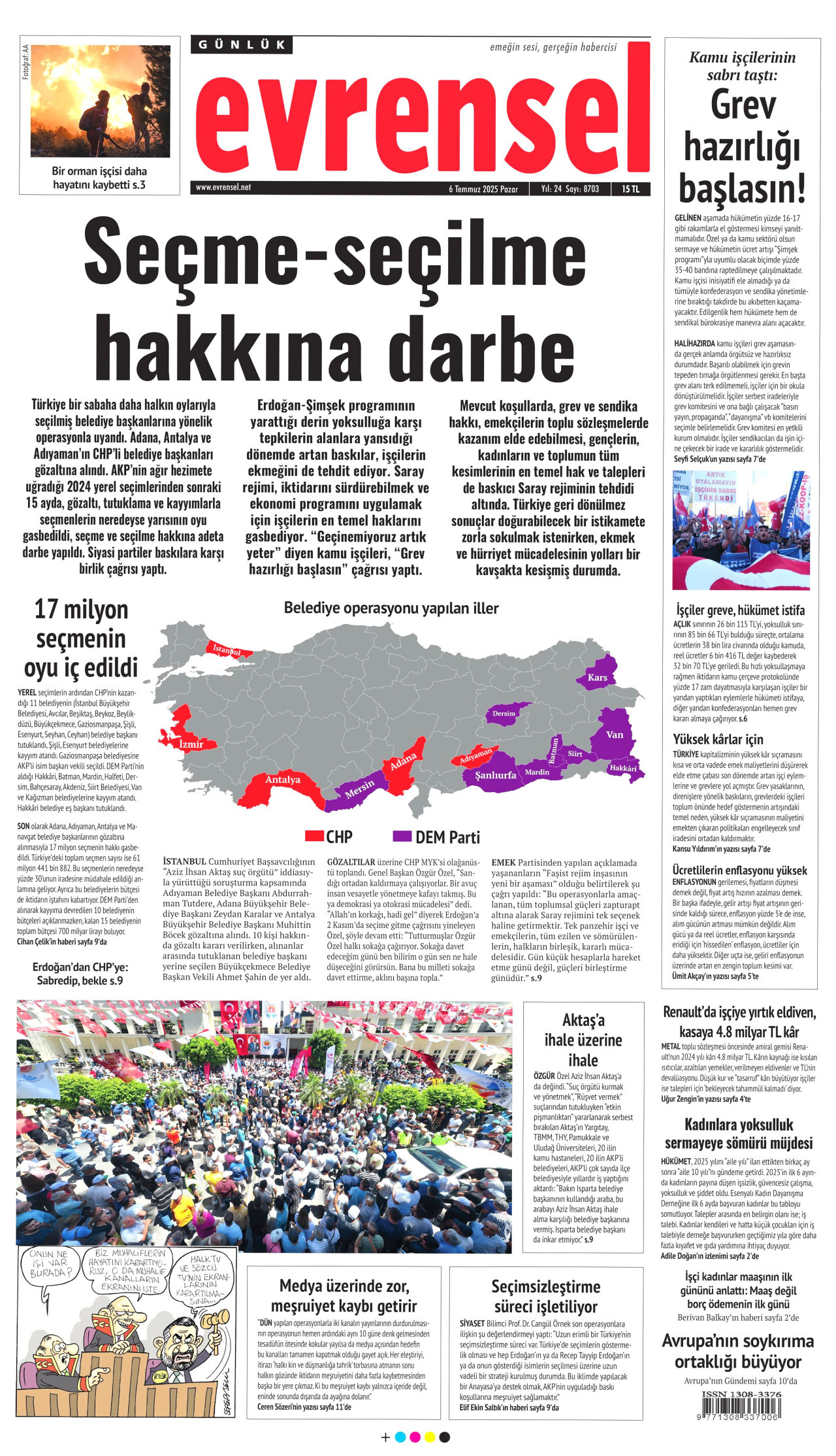 EVRENSEL gazetesinin 6 Temmuz 2025 tarihli birinci sayfası