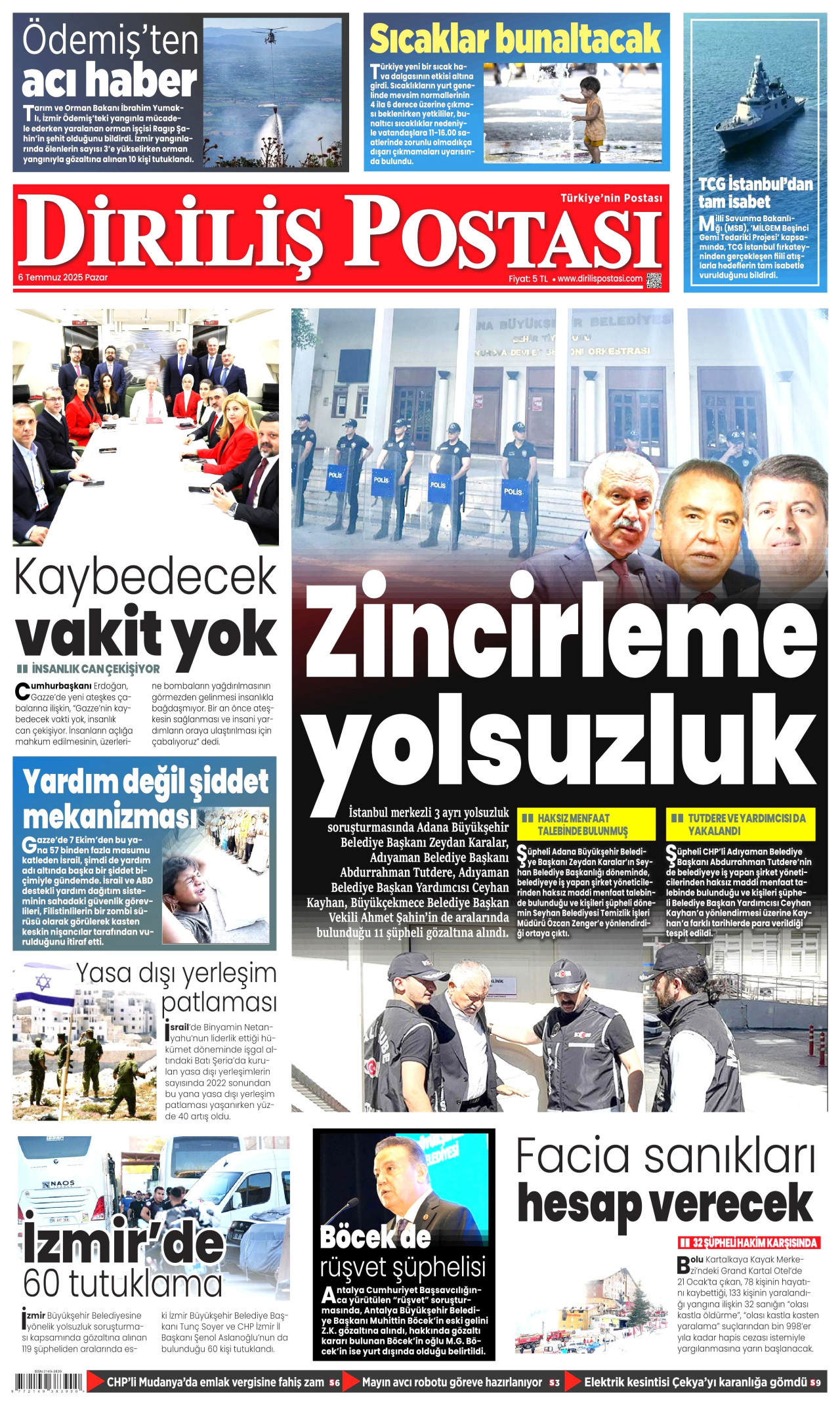 DİRİLİŞ POSTASI gazetesinin 6 Temmuz 2025 tarihli birinci sayfası