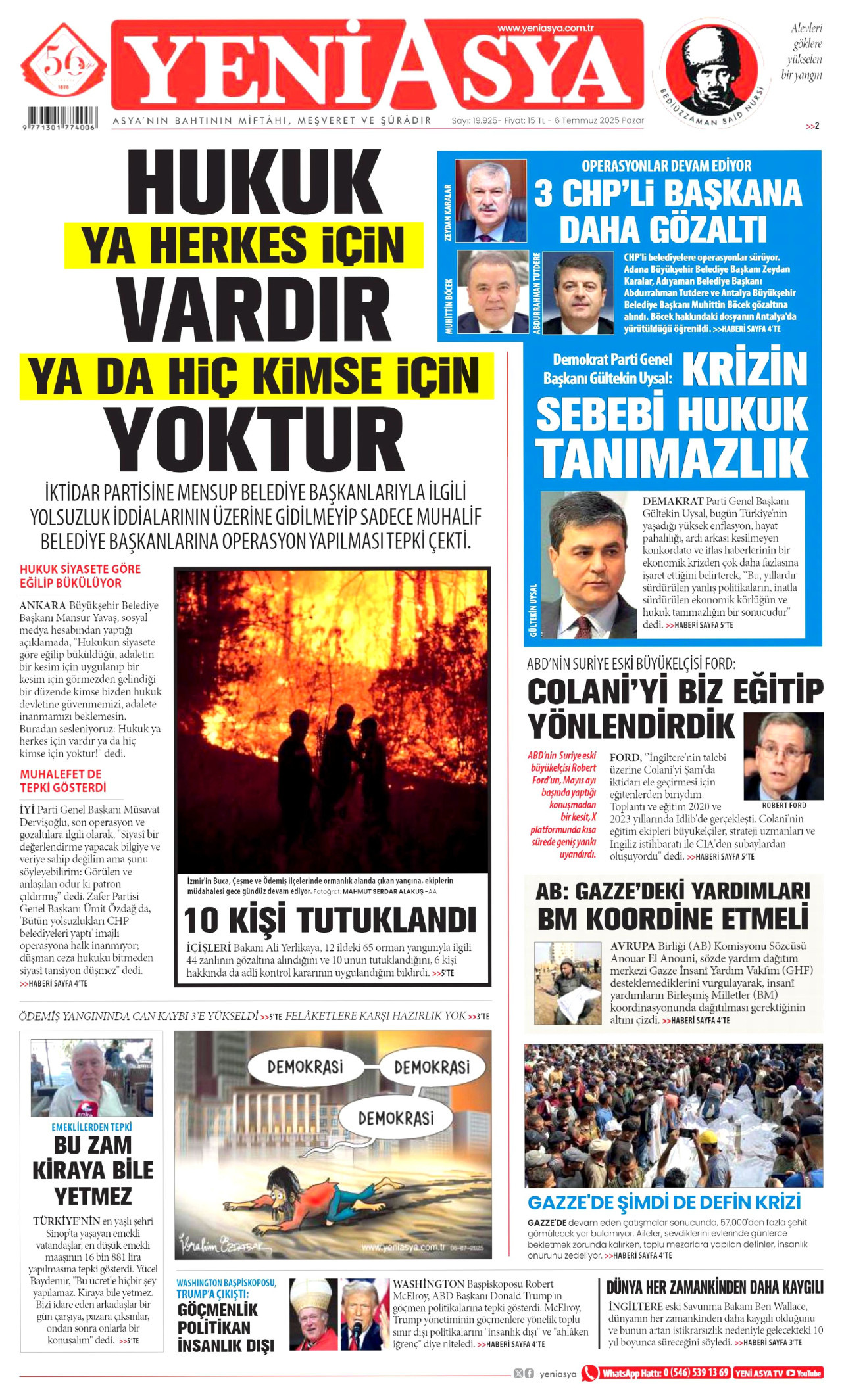 YENİ ASYA gazetesinin 6 Temmuz 2025 tarihli birinci sayfası