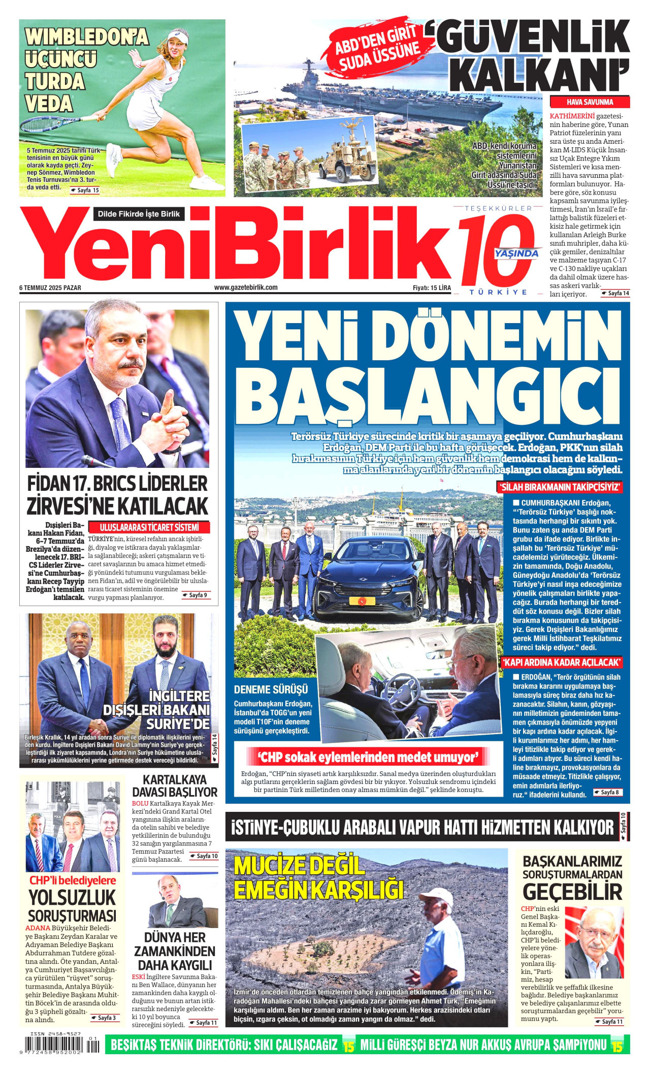 YENİBİRLİK gazetesinin 6 Temmuz 2025 tarihli birinci sayfası