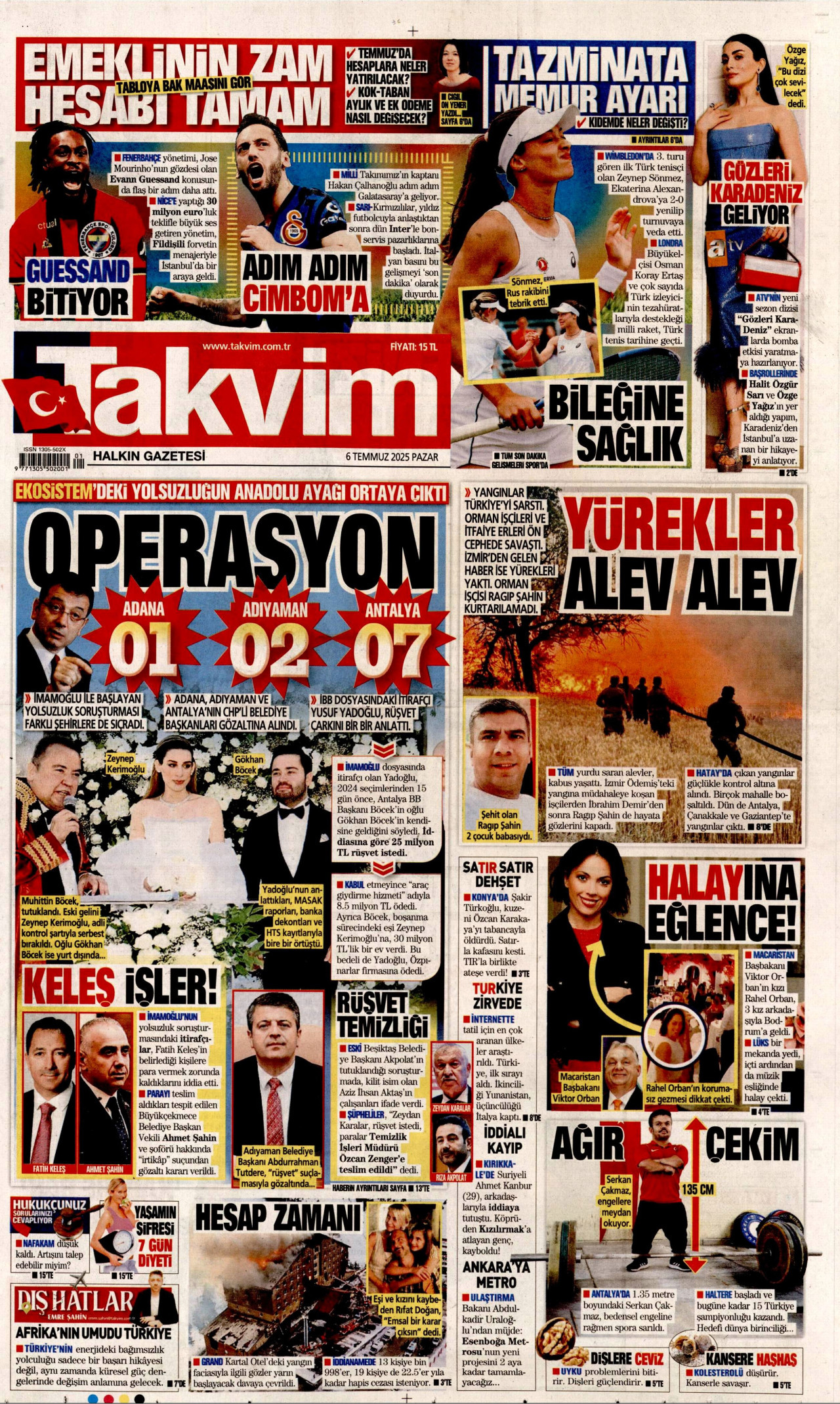 TAKVİM gazetesinin 6 Temmuz 2025 tarihli birinci sayfası