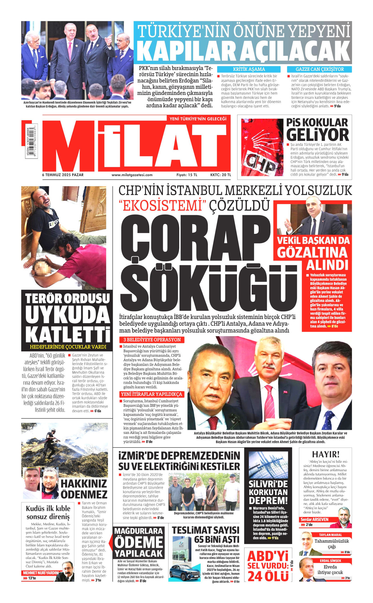 MİLAT gazetesinin 6 Temmuz 2025 tarihli birinci sayfası