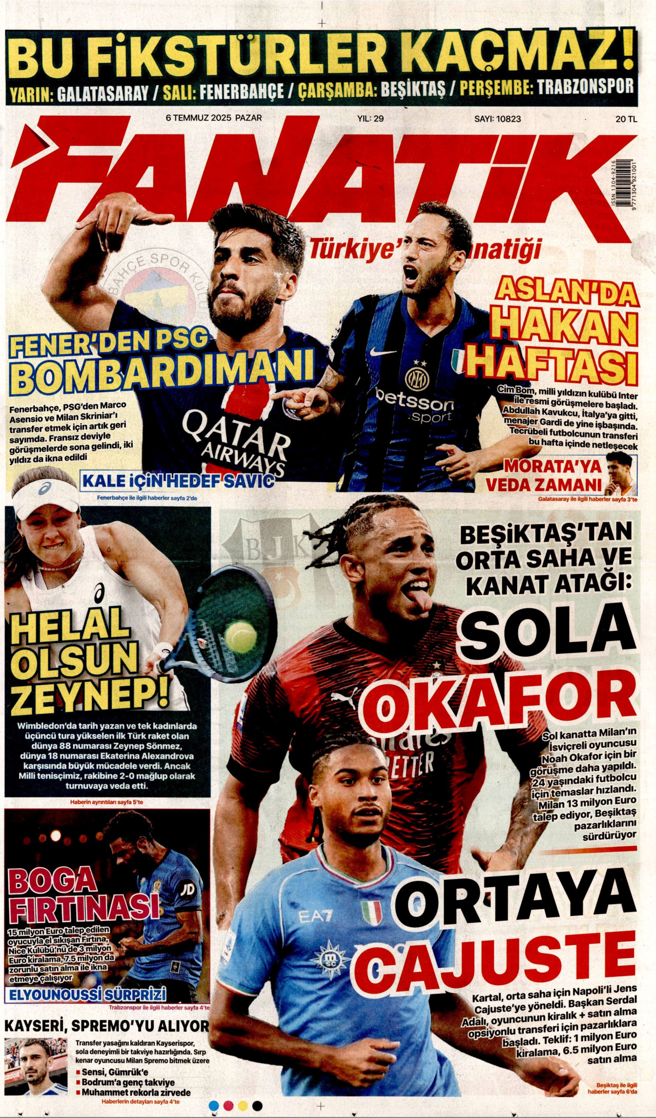 FANATİK gazetesinin 6 Temmuz 2025 tarihli birinci sayfası