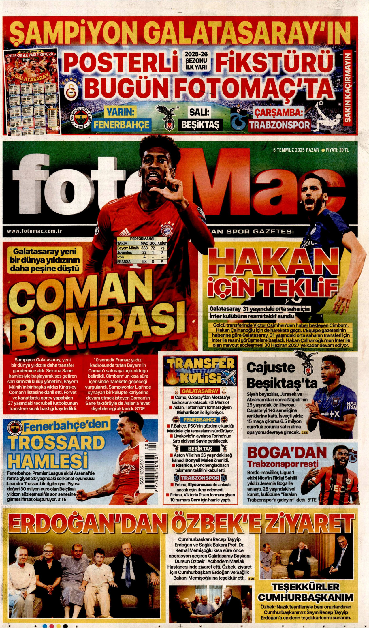 FOTOMAÇ gazetesinin 6 Temmuz 2025 tarihli birinci sayfası