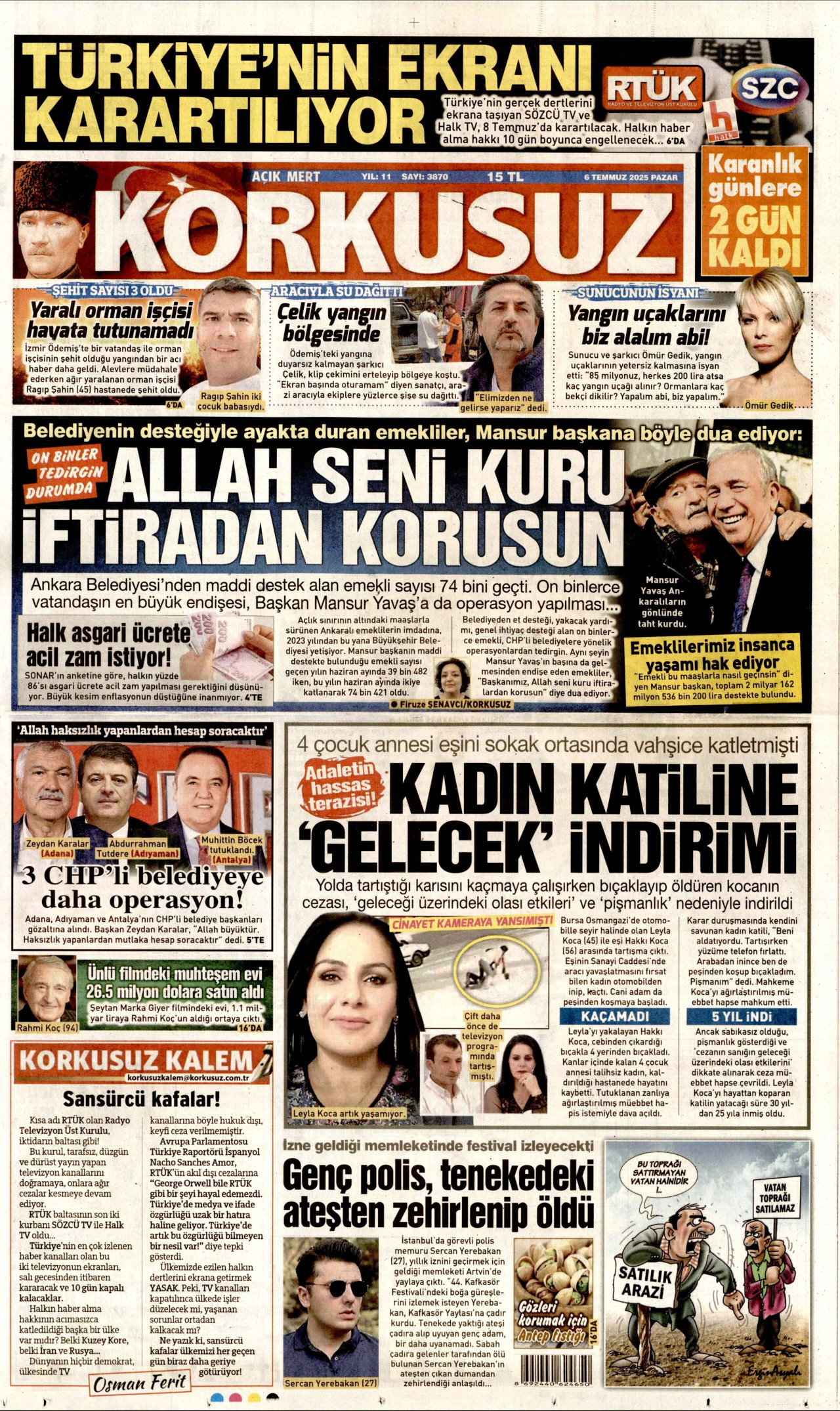 KORKUSUZ gazetesinin 6 Temmuz 2025 tarihli birinci sayfası