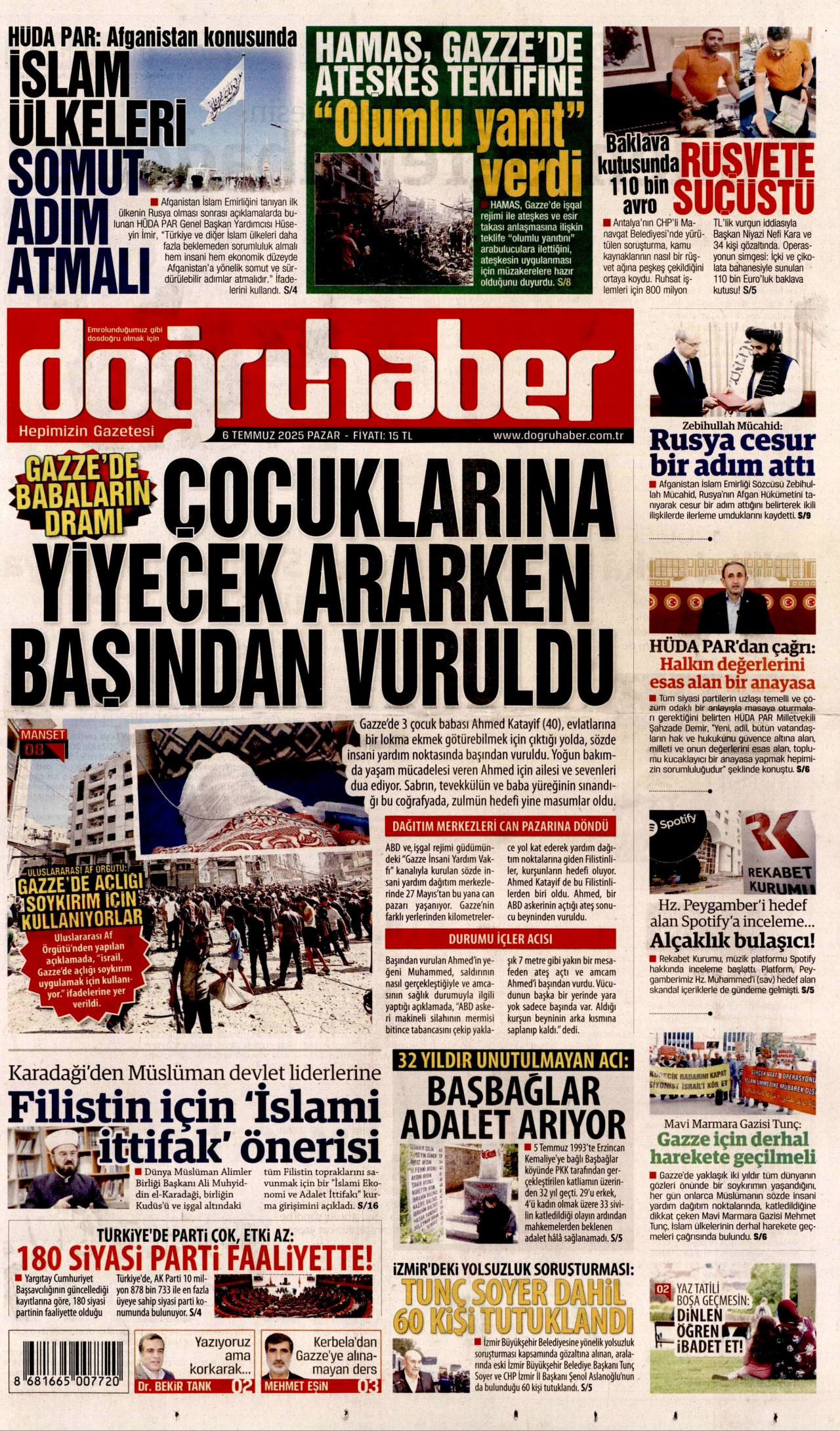 DOĞRU HABER gazetesinin 6 Temmuz 2025 tarihli birinci sayfası