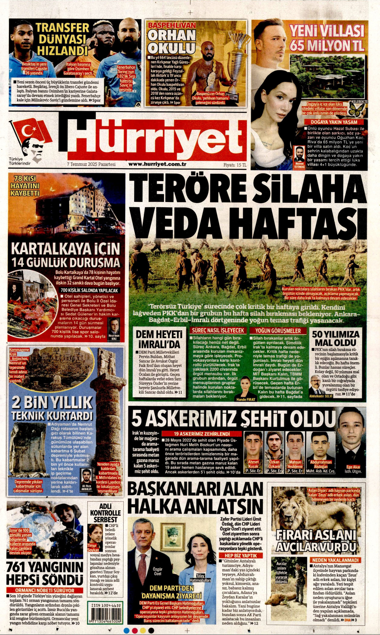 HÜRRİYET gazetesinin 7 Temmuz 2025 tarihli birinci sayfası