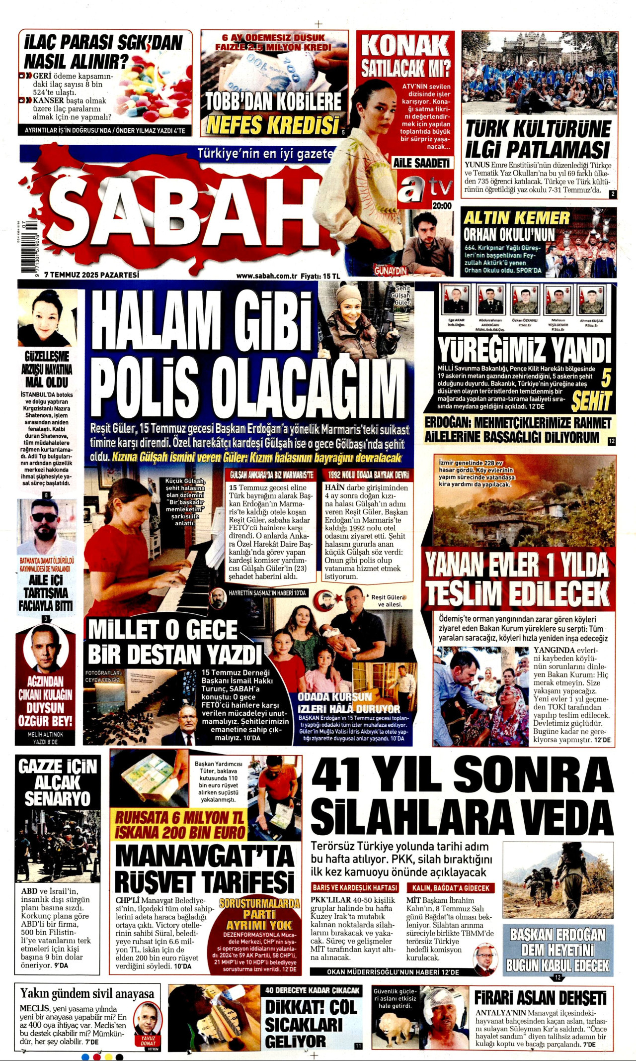 SABAH gazetesinin 7 Temmuz 2025 tarihli birinci sayfası