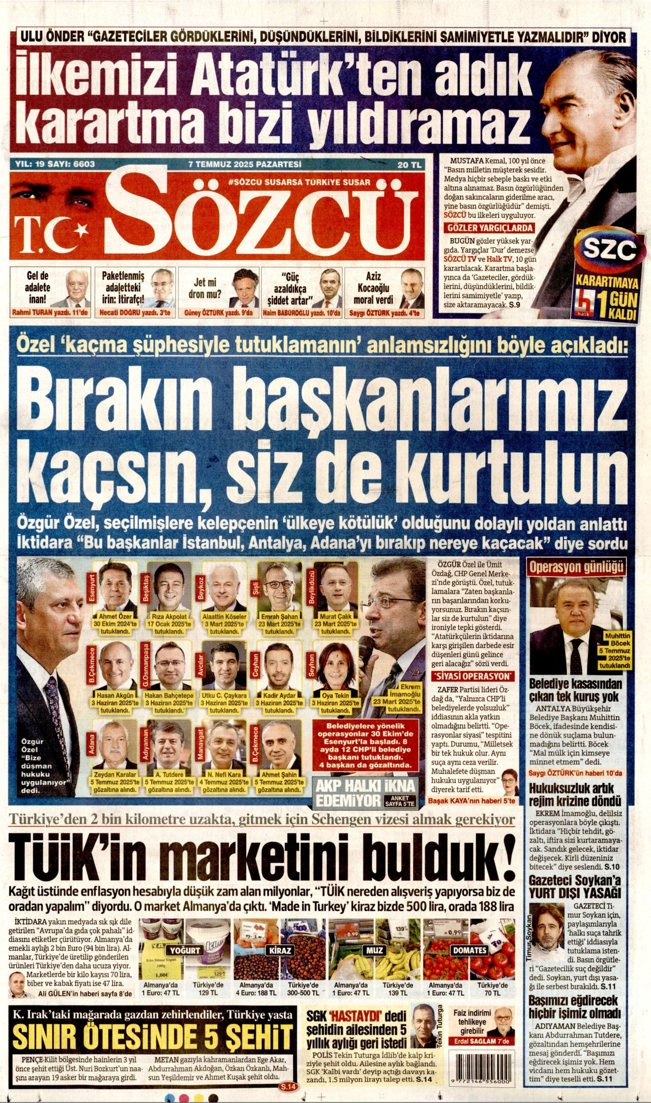 SÖZCÜ gazetesinin 7 Temmuz 2025 tarihli birinci sayfası