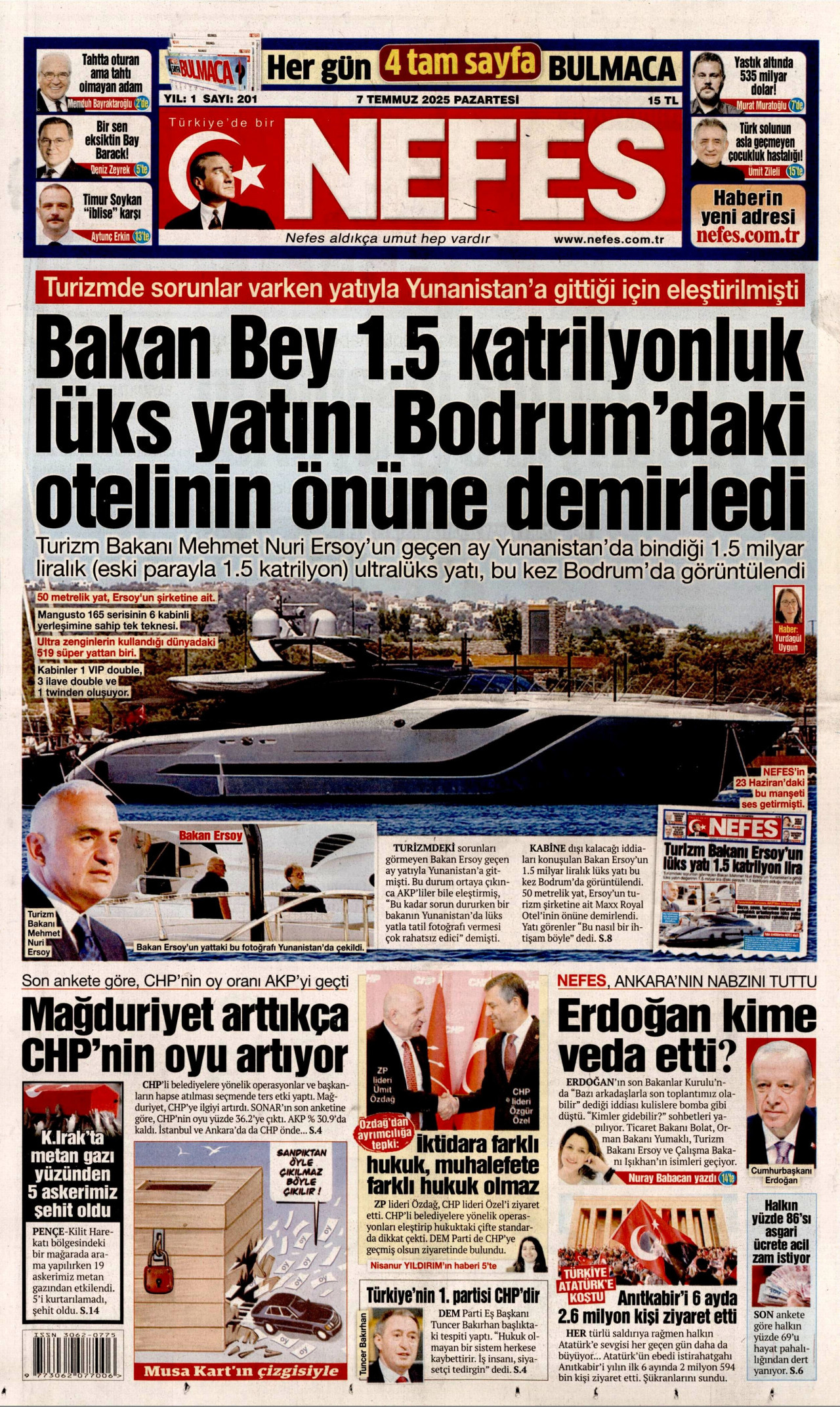 NEFES gazetesinin 7 Temmuz 2025 tarihli birinci sayfası