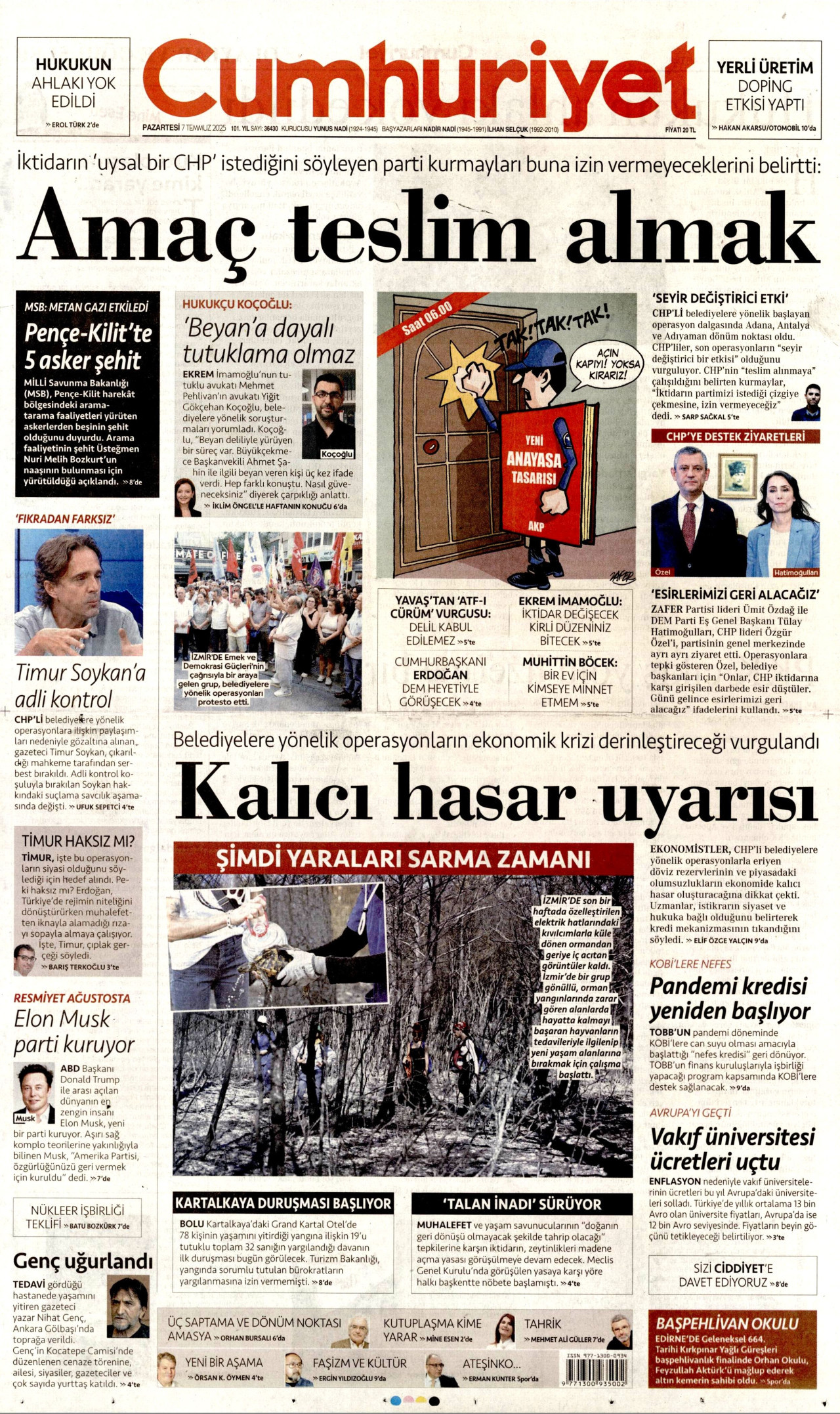 CUMHURİYET gazetesinin 7 Temmuz 2025 tarihli birinci sayfası